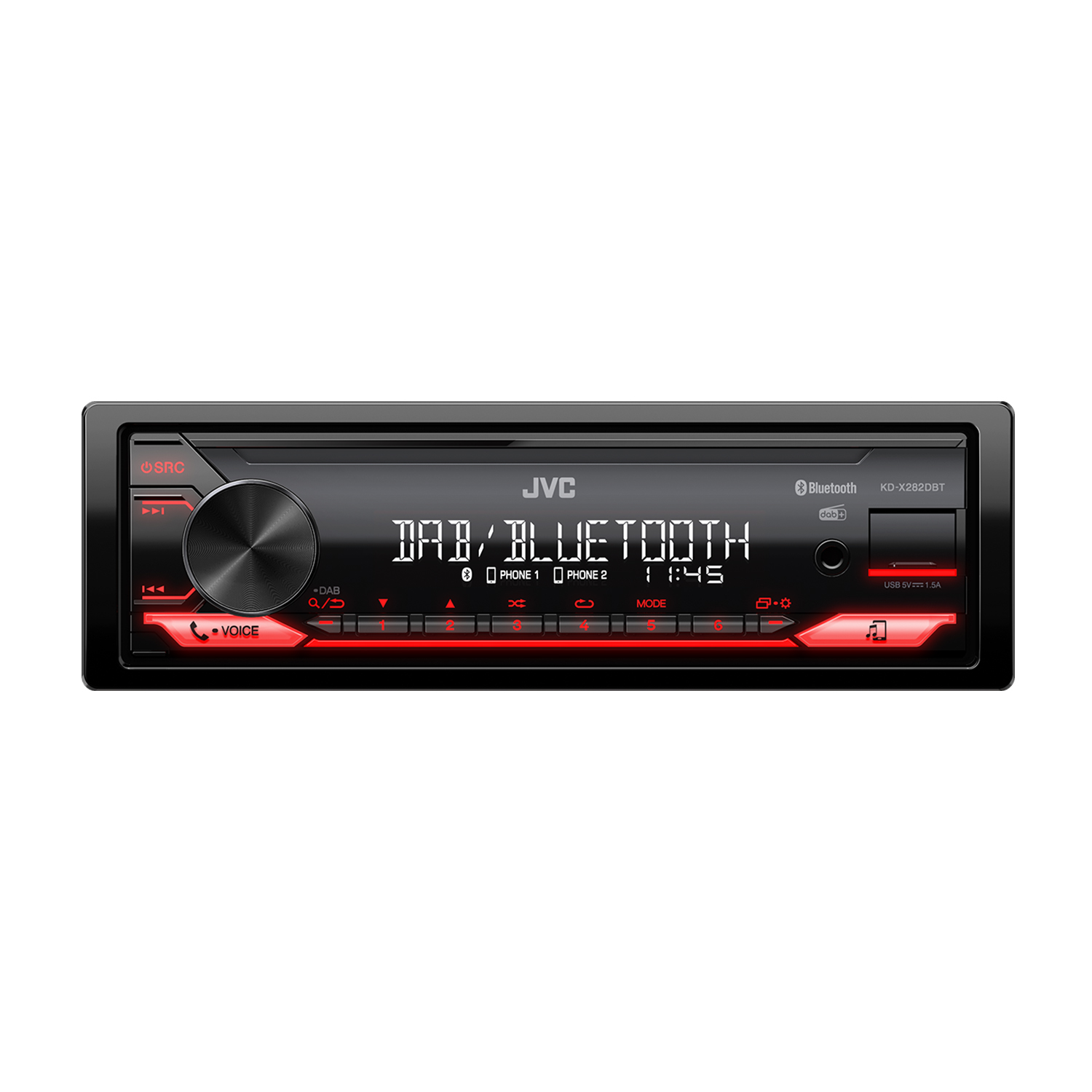 Ein Autoradio mit schwarzer Frontplatte. Es hat einen zentralen Drehregler, rot beleuchtete Tasten und zeigt 'DAB/BLUETOOTH' und '11:45'.