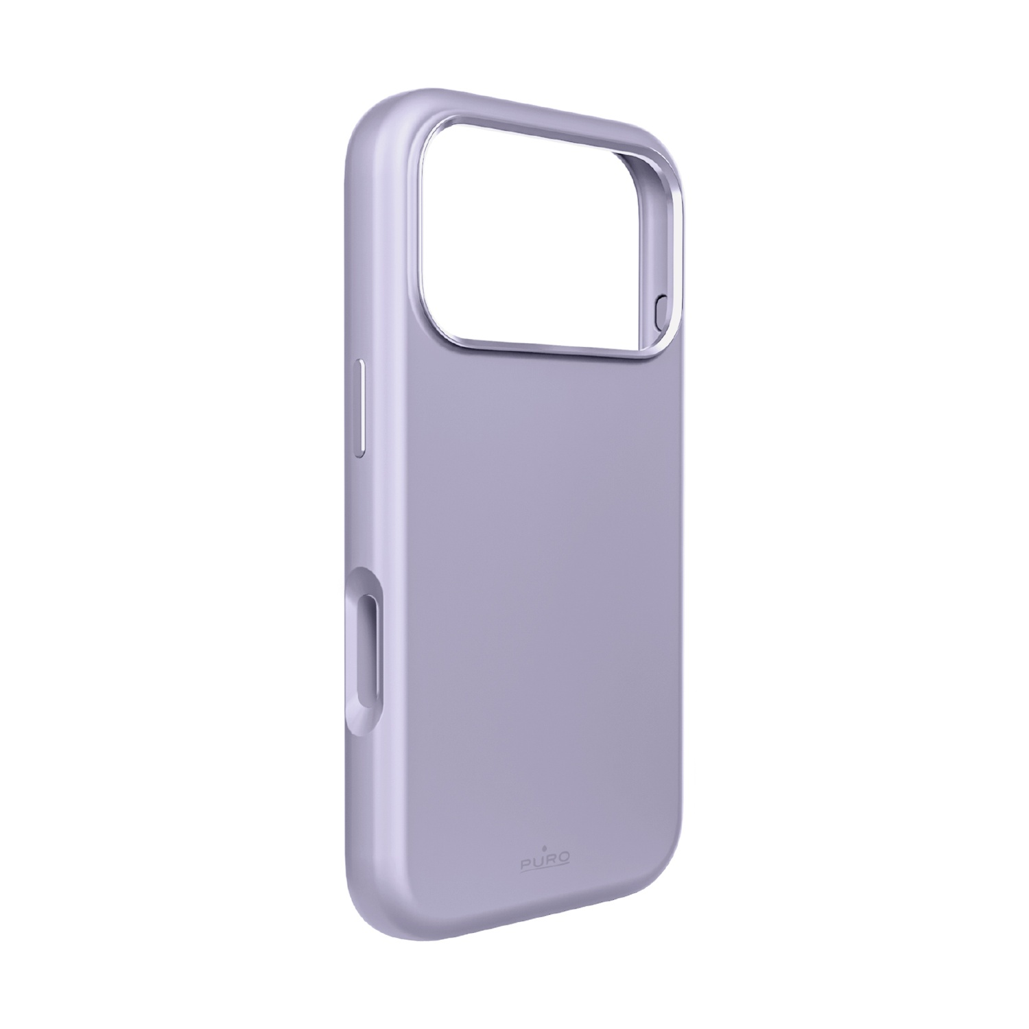 Una funda de teléfono lavanda. Tiene un recorte para la cámara, recortes para botones y el logotipo de Puro.
