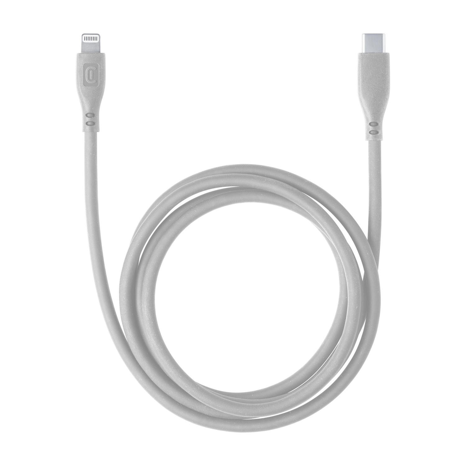 Un câble de chargement gris avec connecteurs Lightning et USB-C. Le câble est enroulé en boucle sur fond blanc.