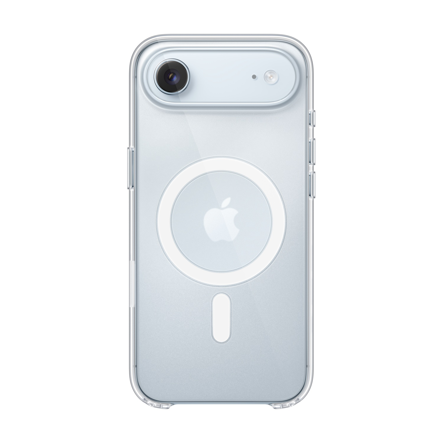 Funda transparente para iPhone, mostrando la parte trasera del teléfono. Cuenta con cámara, botones y un círculo MagSafe con el logo de Apple.