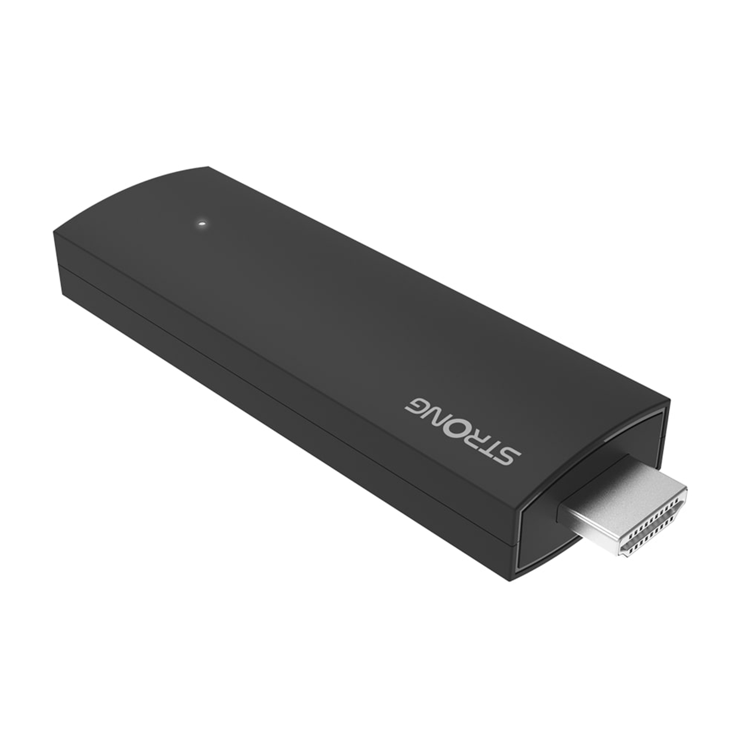 Ein schwarzes rechteckiges Gerät mit silbernem HDMI-Anschluss. Das Wort STRONG ist aufgedruckt. Es hat ein kleines Licht.