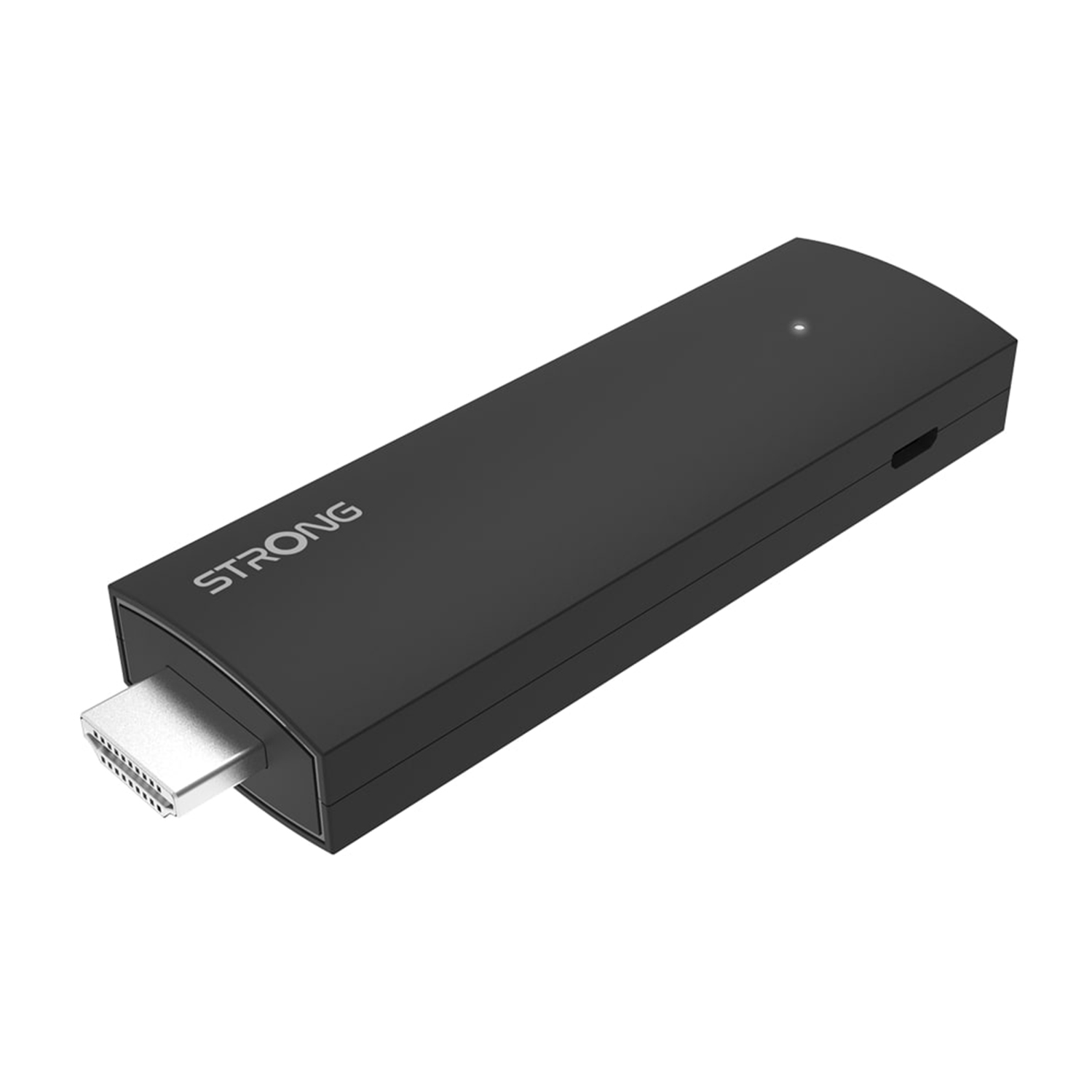 Ein schwarzer HDMI-Dongle mit der Marke "STRONG". Er hat einen silbernen Anschluss und ein kleines Licht.
