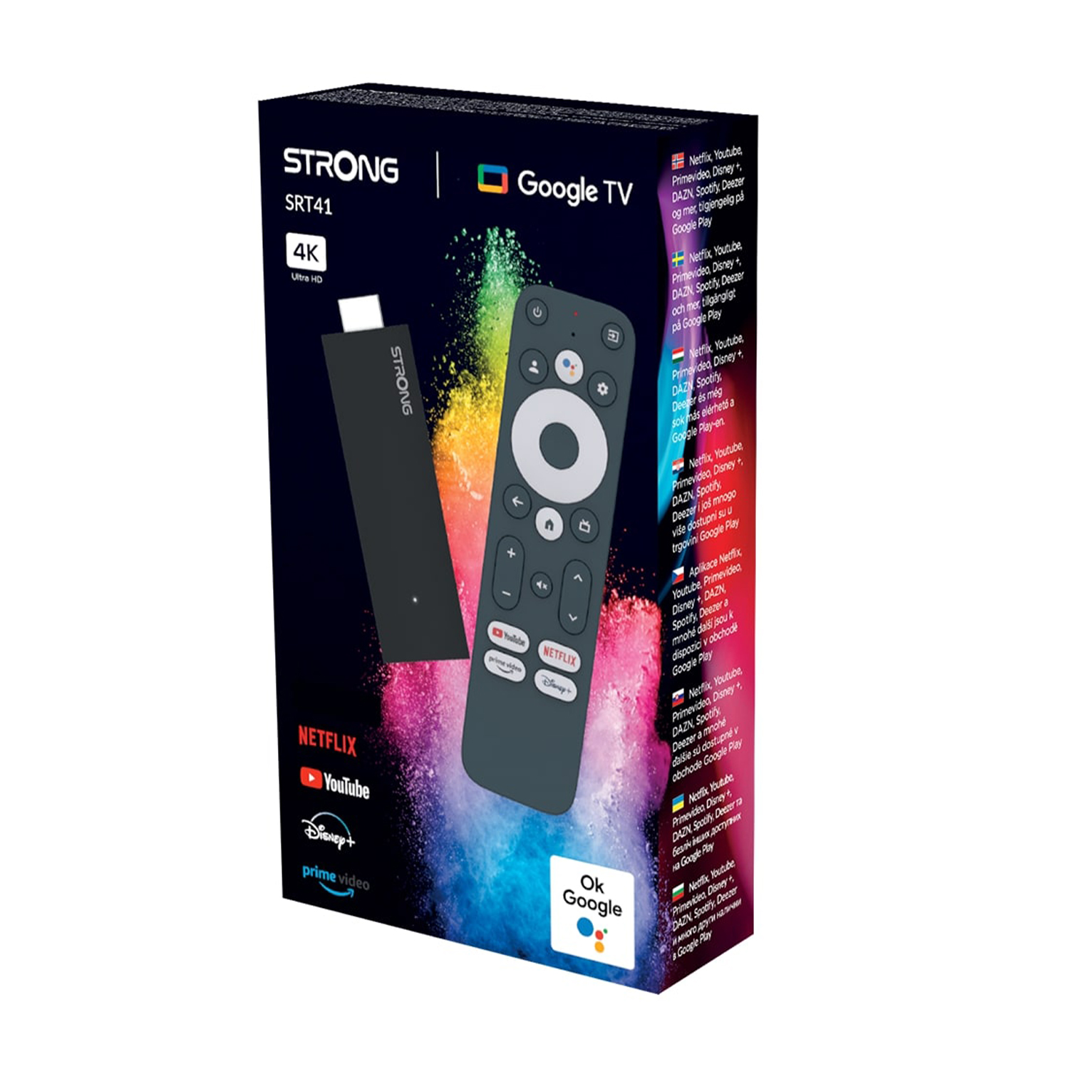 Eine Box mit Fernbedienung und Dongle. Text enthält 'STRONG', 'Google TV' und Logos für Streamingdienste.