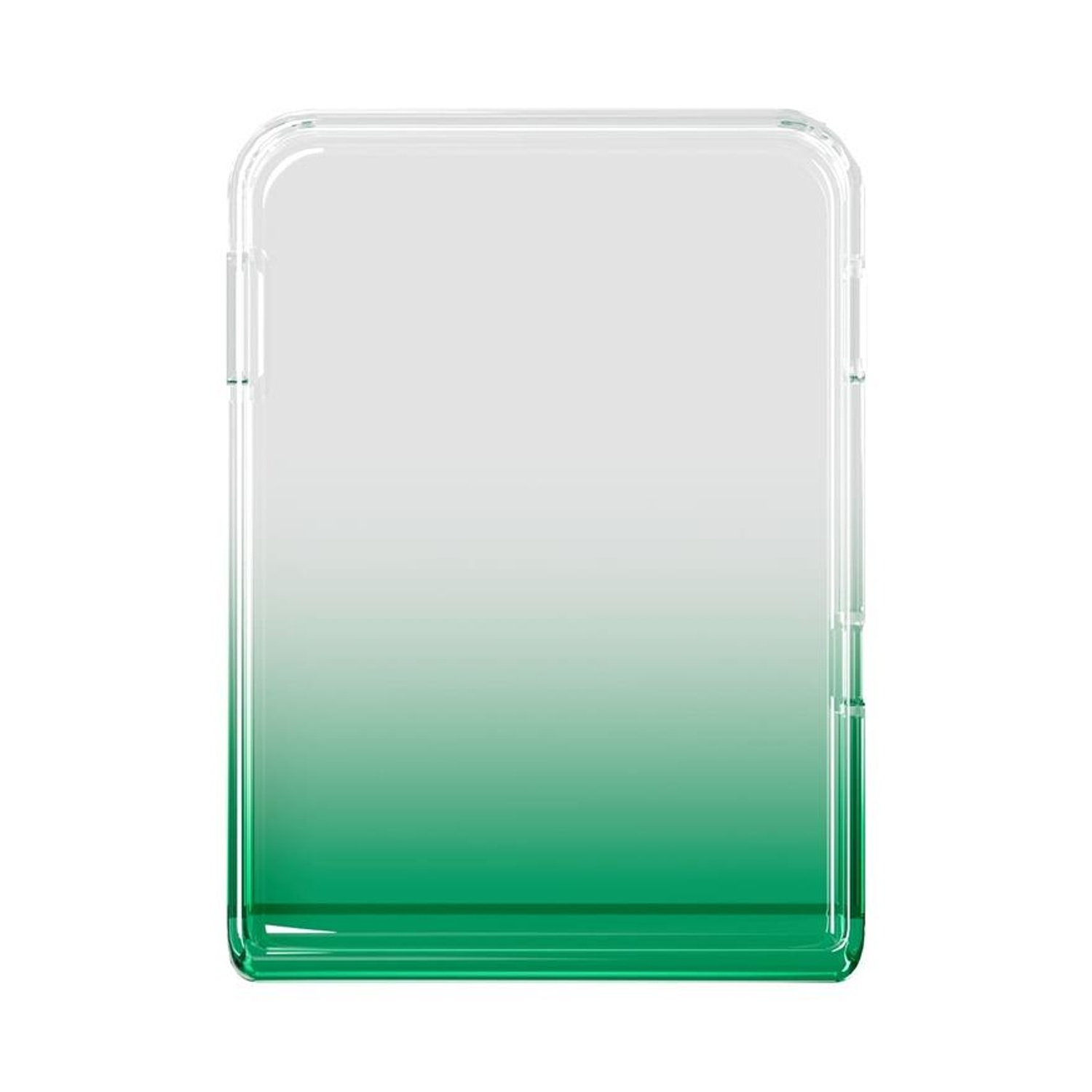 Un étui rectangulaire transparent avec un dégradé du blanc au vert. L'étui a des coins arrondis et une finition brillante.