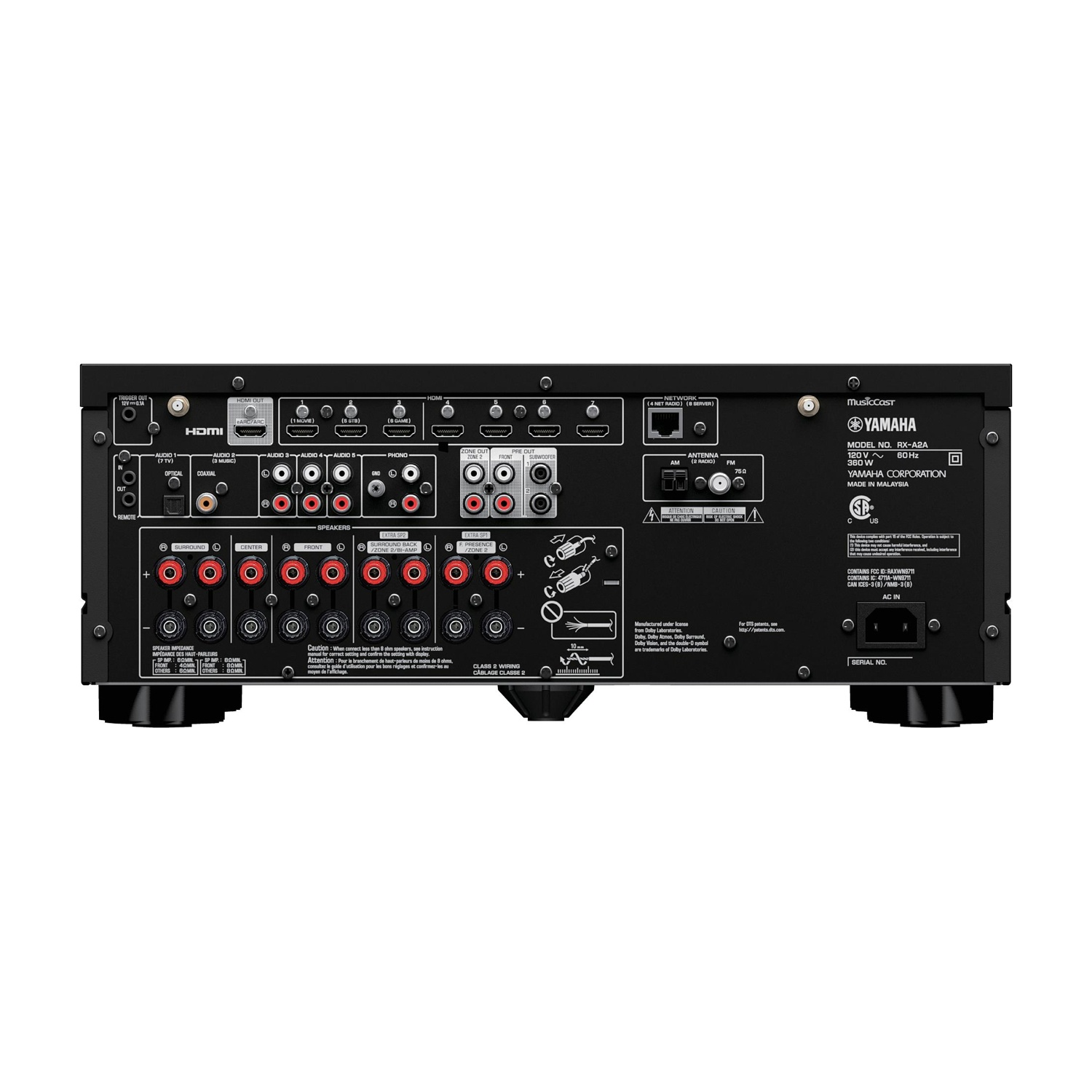 Siyah Yamaha RX-A2A alıcısının arka paneli. Hoparlör, HDMI, anten ve güç bağlantı noktaları içerir. Marka adı görünür.
