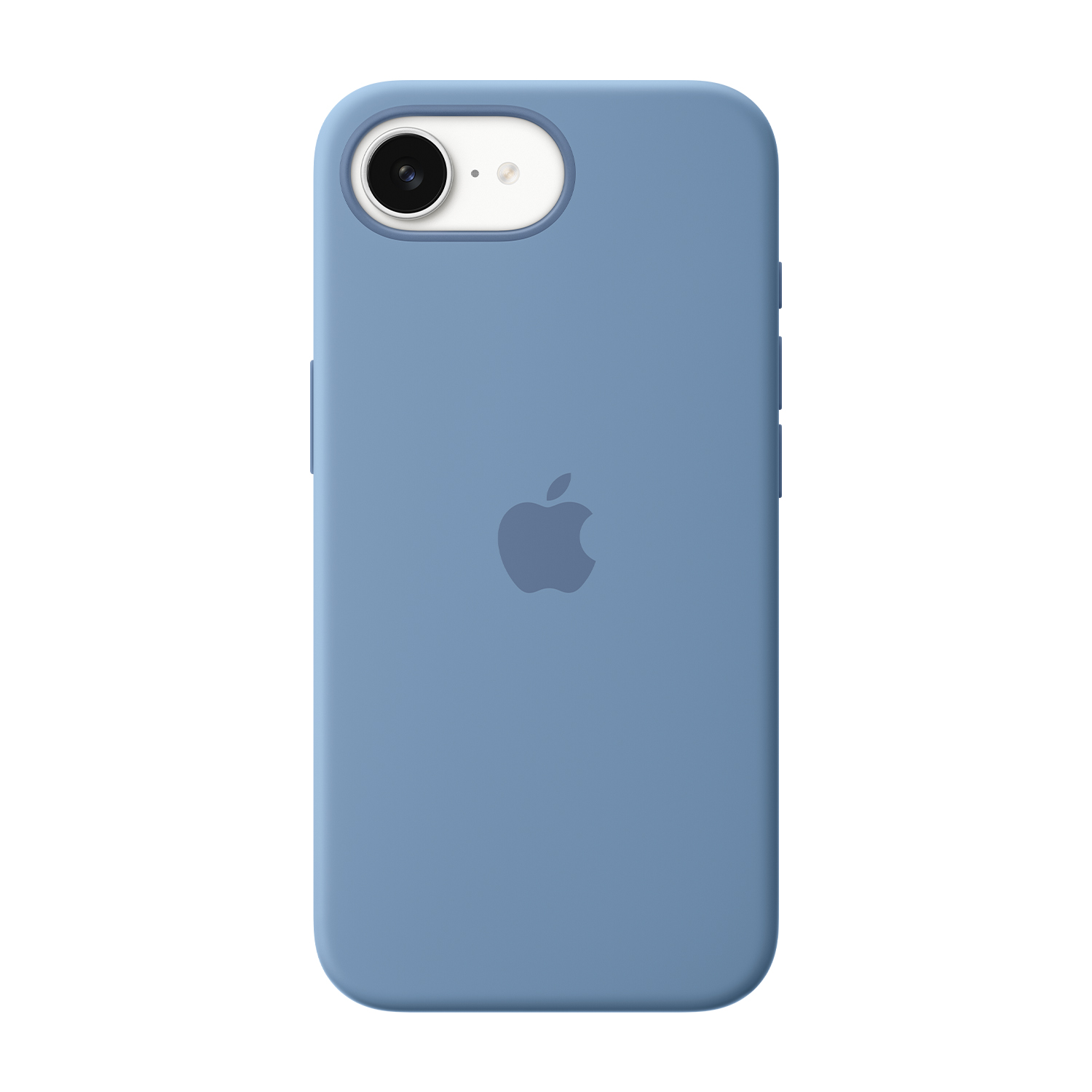 Une coque de téléphone bleue avec un logo Apple. La coque a une découpe pour l'appareil photo et des boutons sur le côté. Le fond est blanc.