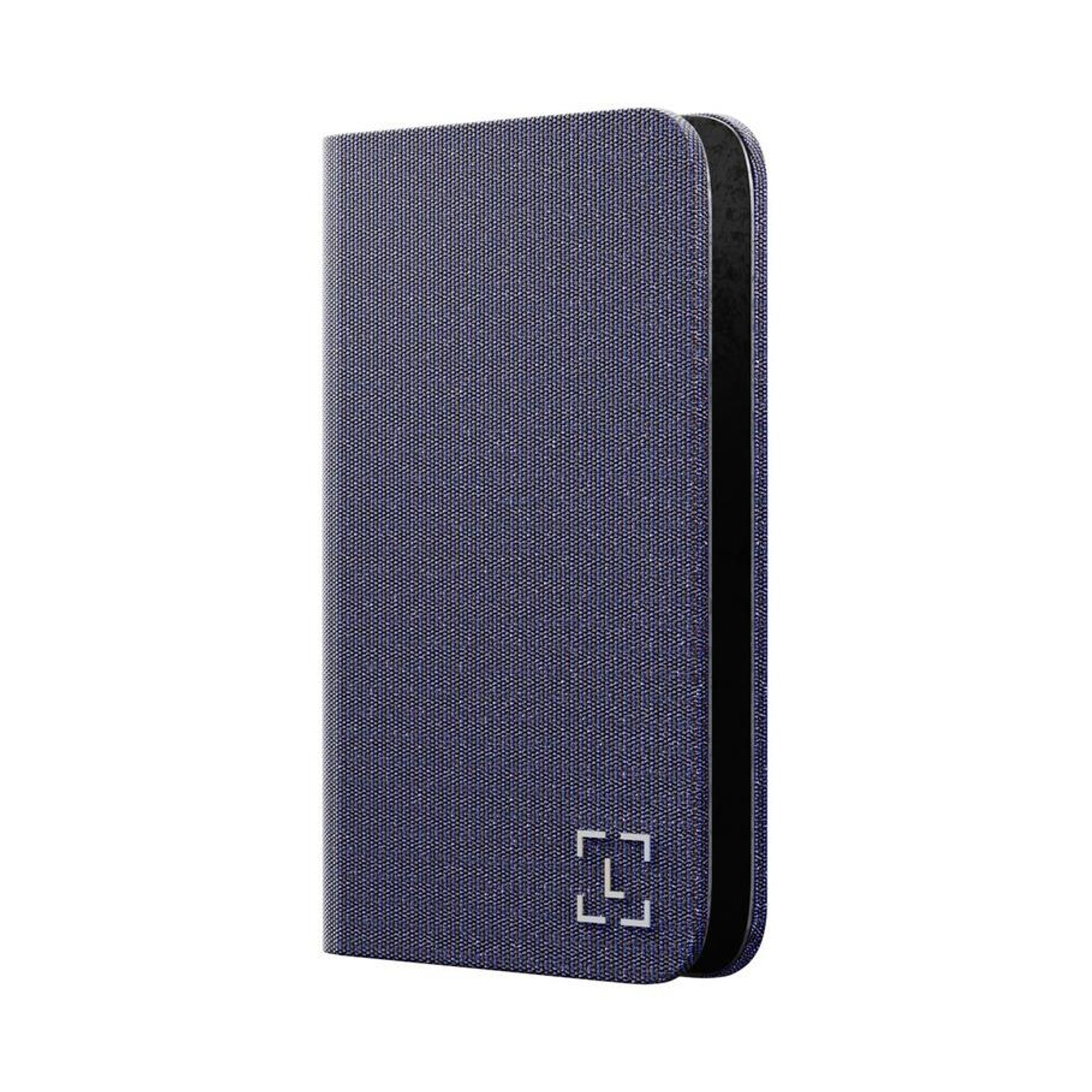 Un étui de téléphone bleu texturé, un logo blanc en bas et un intérieur noir.