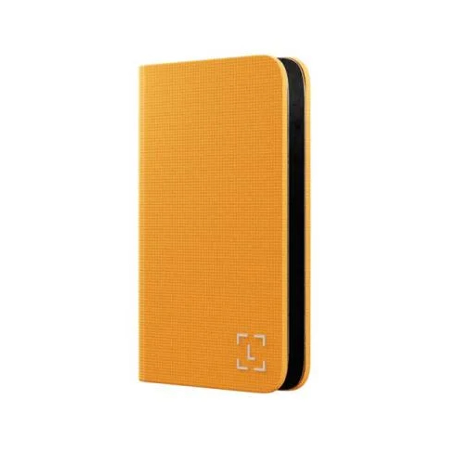 Un étui de téléphone orange avec une colonne vertébrale noire et un logo blanc dans le coin. C'est un rectangle vertical.