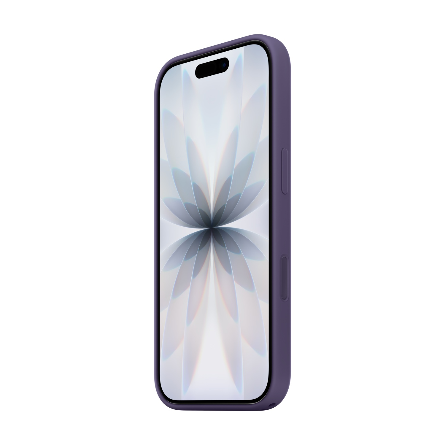 Un telefono viola in una custodia, lo schermo mostra un design chiaro. Il telefono è angolato a destra su sfondo bianco.