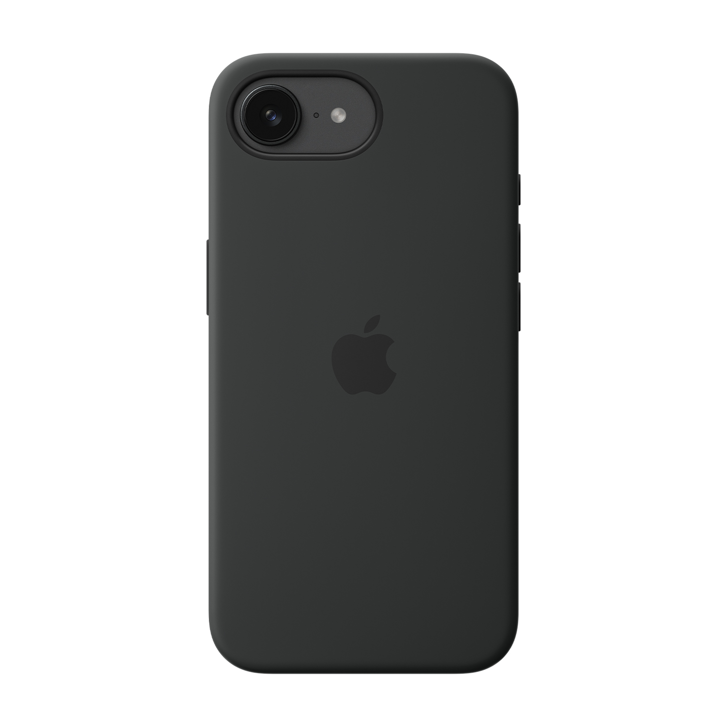 Una funda negra para teléfono con cámara, flash y logotipo de Apple. La funda tiene esquinas redondeadas y una textura suave. El fondo es blanco.