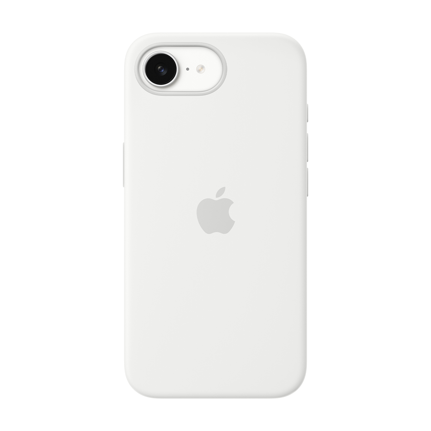 Coque iPhone blanche avec appareil photo, flash et logo Apple. Boutons sur le côté. Le fond est blanc.