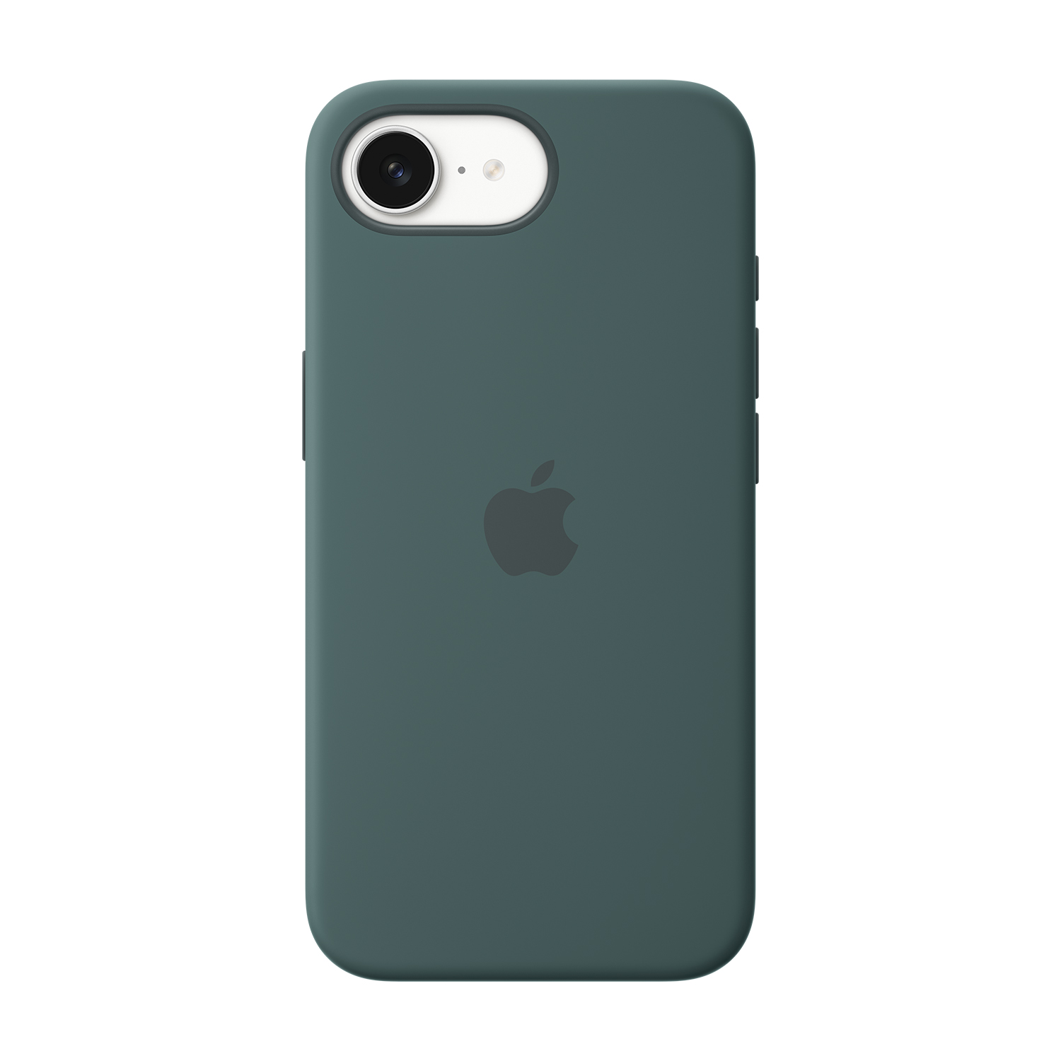 Una funda teal para teléfono con el logo de Apple. La funda tiene un recorte para la cámara en la parte superior. El fondo es blanco.