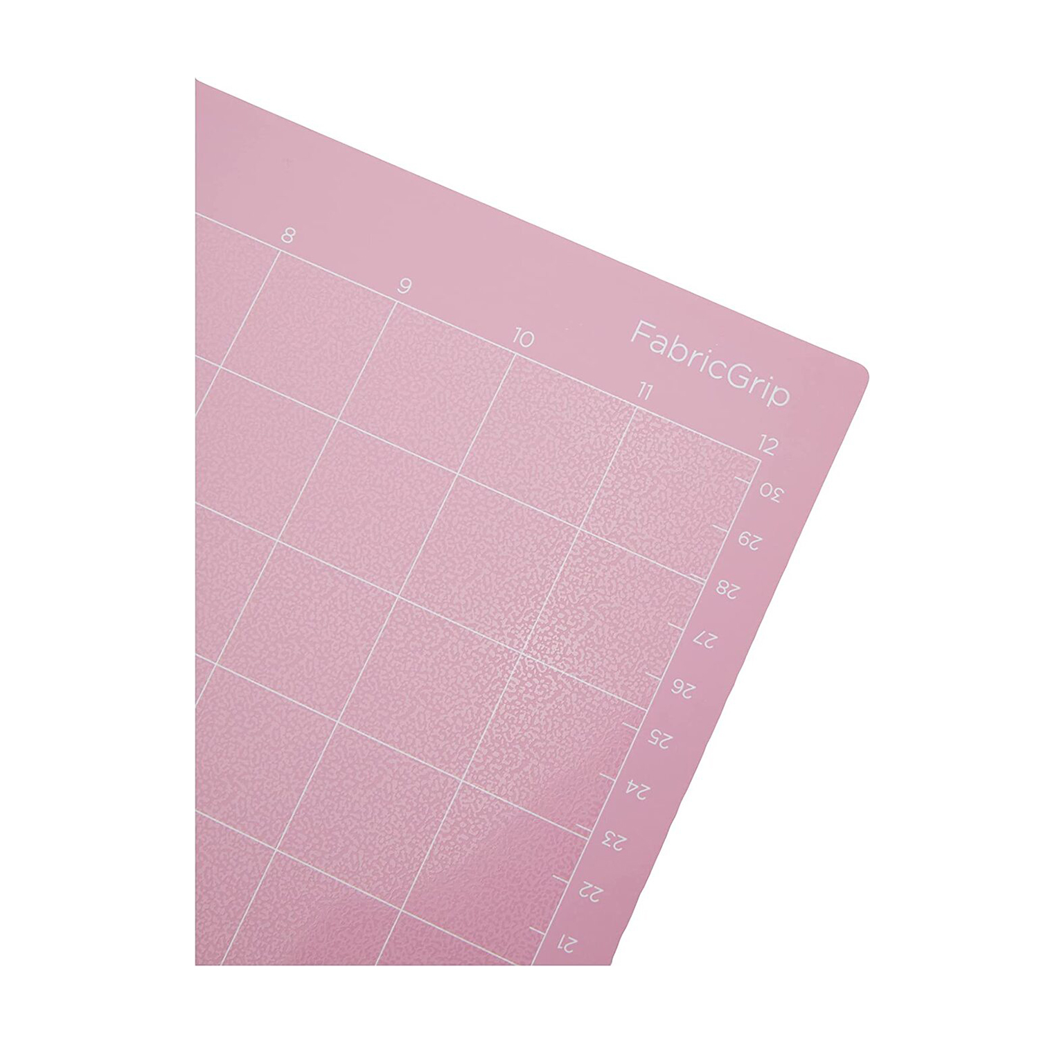 Eine rosa Schneidematte mit Rastermuster und Zahlen. Der Text "FabricGrip" ist sichtbar. Die Matte befindet sich auf weißem Hintergrund.