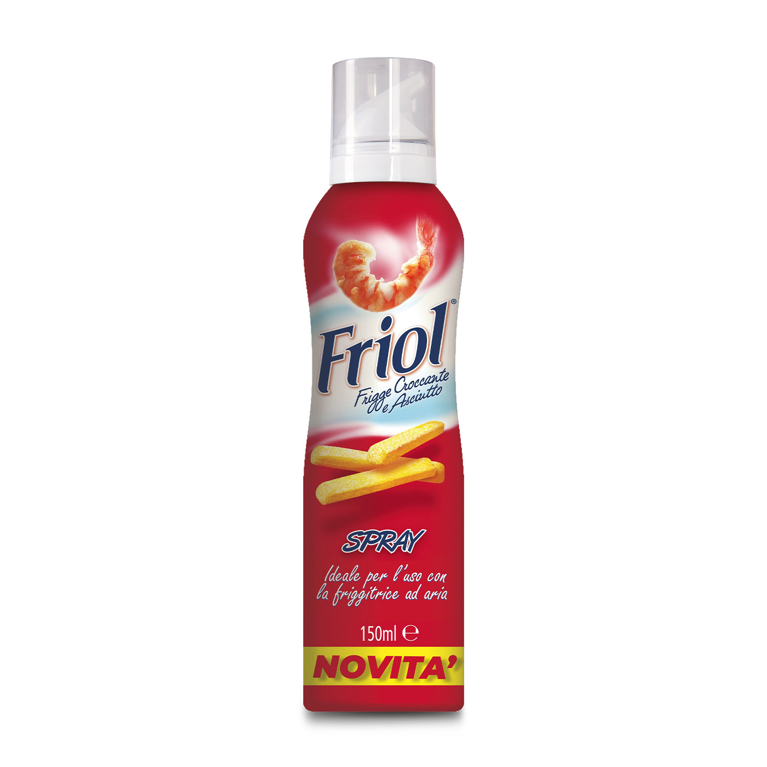 Una lata roja de spray para cocinar Friol. Tiene una imagen de camarones y papas fritas. El texto incluye 'Spray' y '150ml e'.