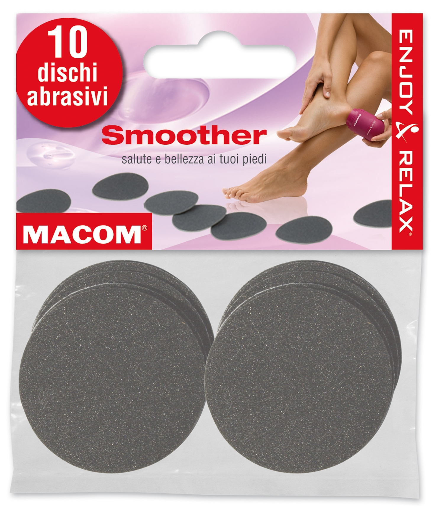 Eine Packung Fußpflege-Discs. Die Packung zeigt eine Frau, die das Produkt an ihrem Fuß anwendet. Text sagt 'Smoother'.
