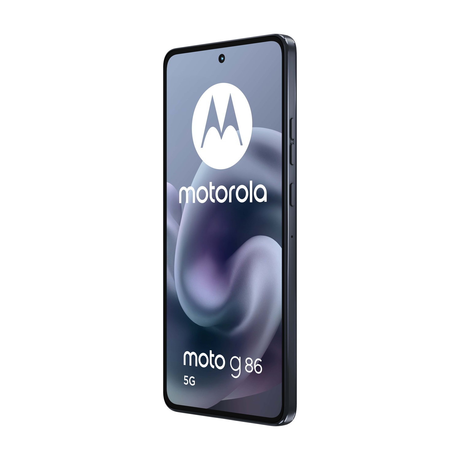 Wyświetlany jest smartfon Motorola Moto g86 5G. Ekran pokazuje logo Motoroli i model telefonu. Telefon jest ciemnoszary.
