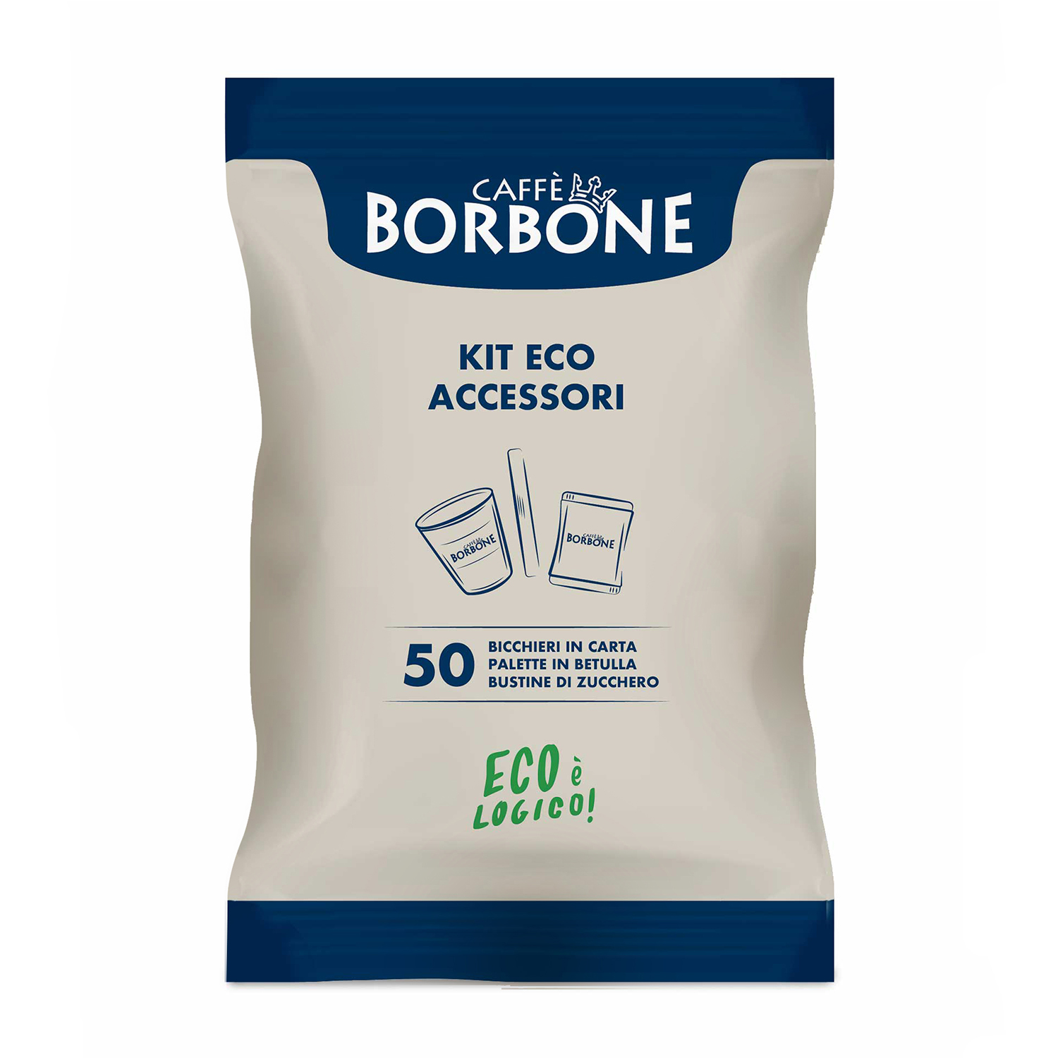 Eine Packung Borbone-Kaffee-Kit mit Bechern, Rührstäbchen und Zuckerpäckchen. Es steht 'ECO è LOGICO!'