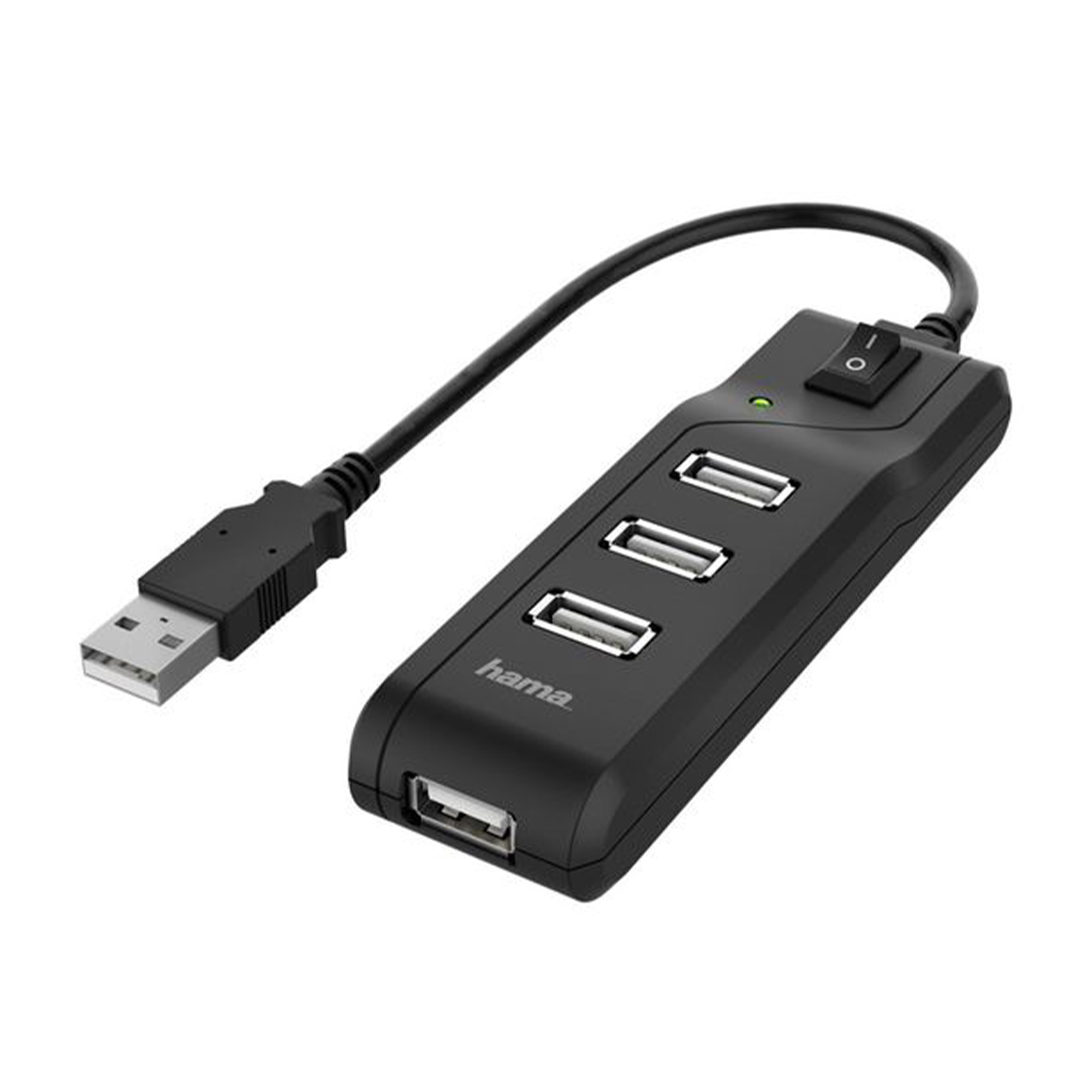 Ein schwarzer USB-Hub mit vier Anschlüssen und einem Ein/Aus-Schalter. Der Hub ist über ein schwarzes Kabel mit einem USB-Stecker verbunden.