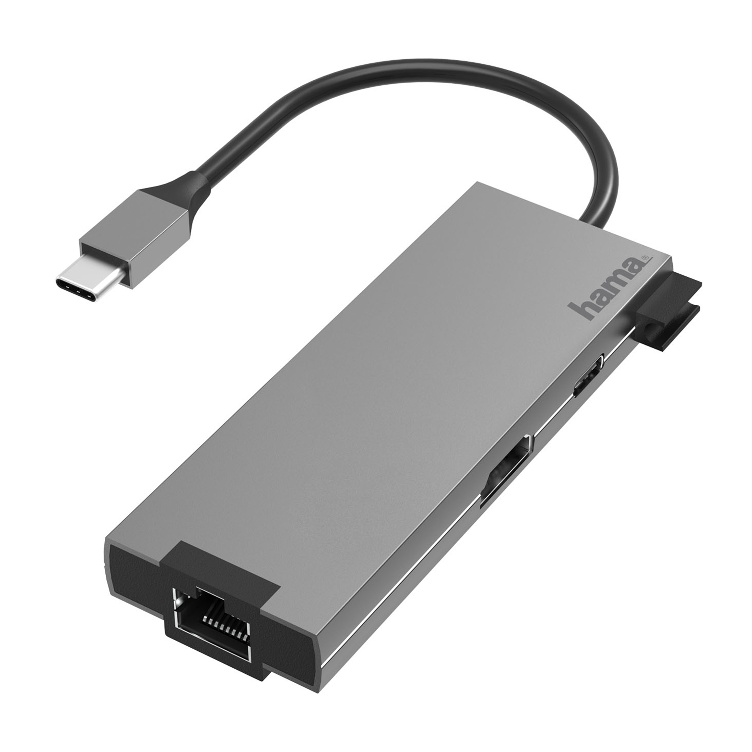 Un hub USB-C Hama argentato con cavo nero. Ha più porte e un connettore nero. Lo sfondo è bianco.