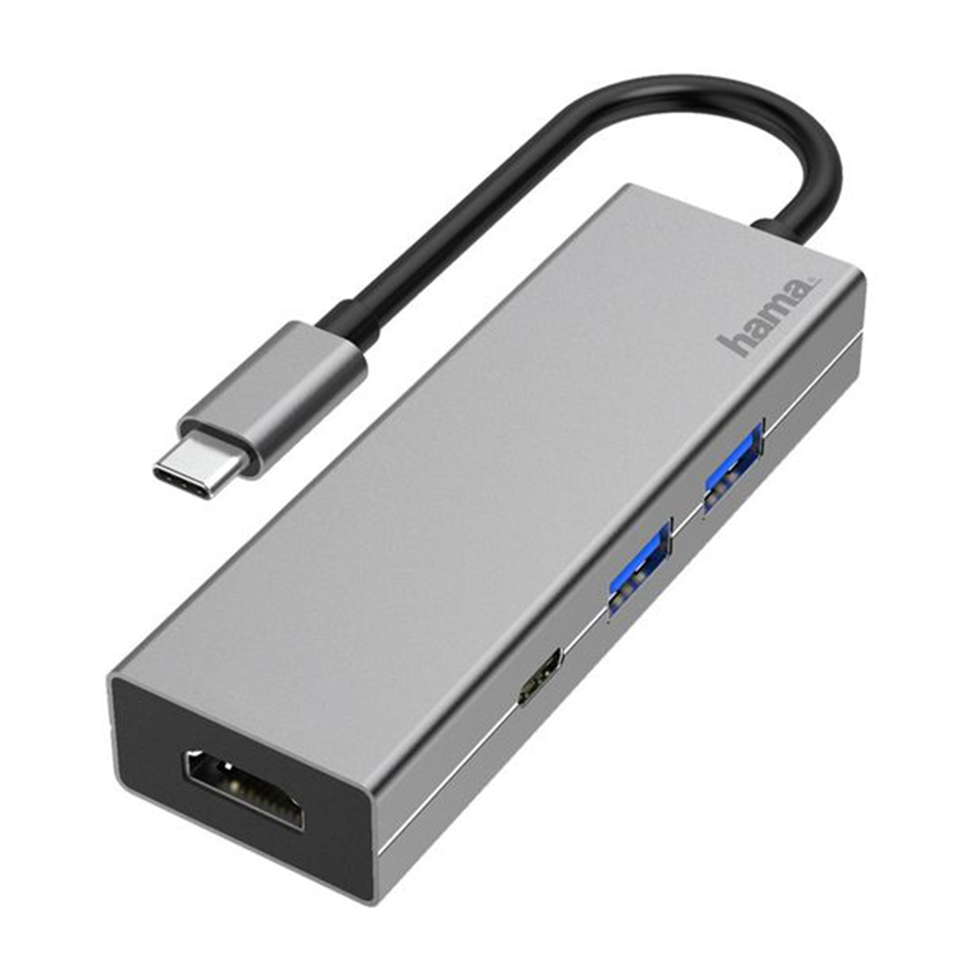 Hub USB-C Hama argentato con cavo nero. Ha più porte e un connettore USB-C. Sfondo bianco.