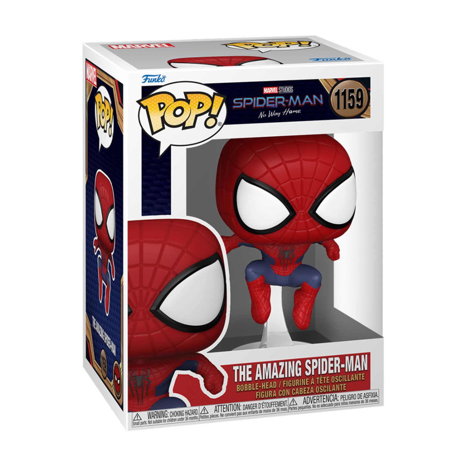 Una caja de Funko Pop con Spider-Man. La figura es roja y azul, con ojos blancos. La caja es blanca con la marca Spider-Man.