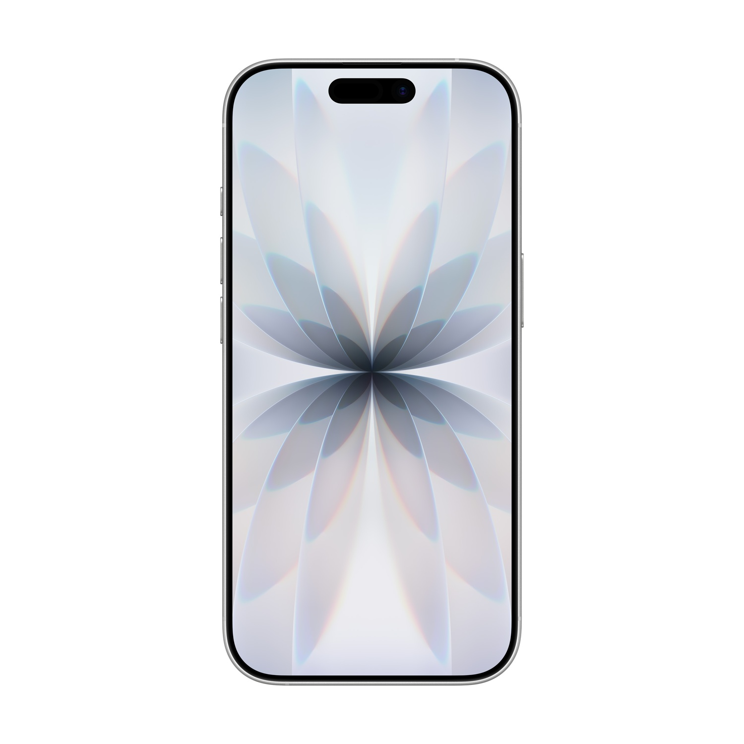 Smartfon ze srebrną ramką, czarnym górnym paskiem i ekranem z wzorem kwiatowym. Tło jest białe.