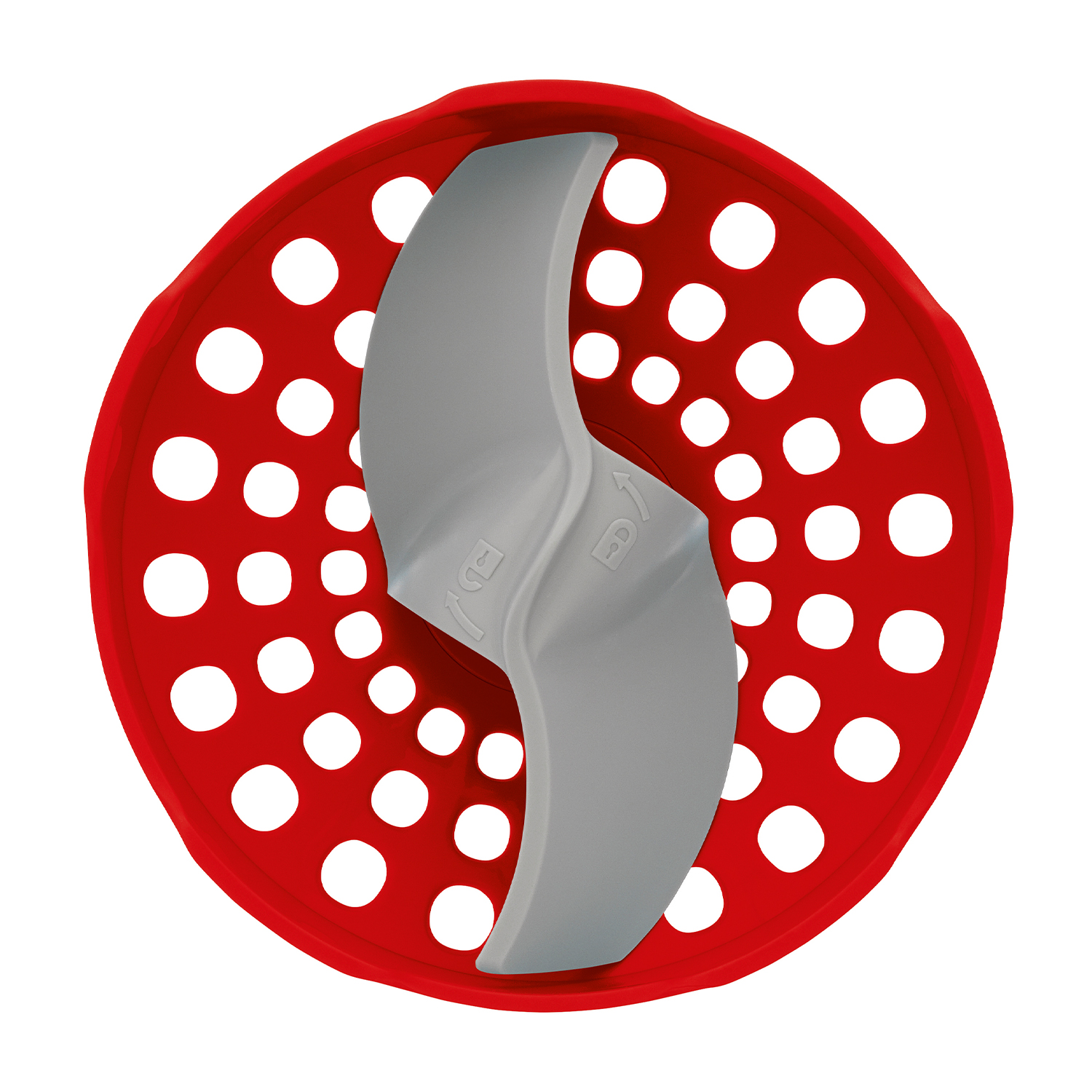 Un gadget da cucina in plastica rossa con fori bianchi e una lama grigia al centro. La lama ha delle frecce direzionali.