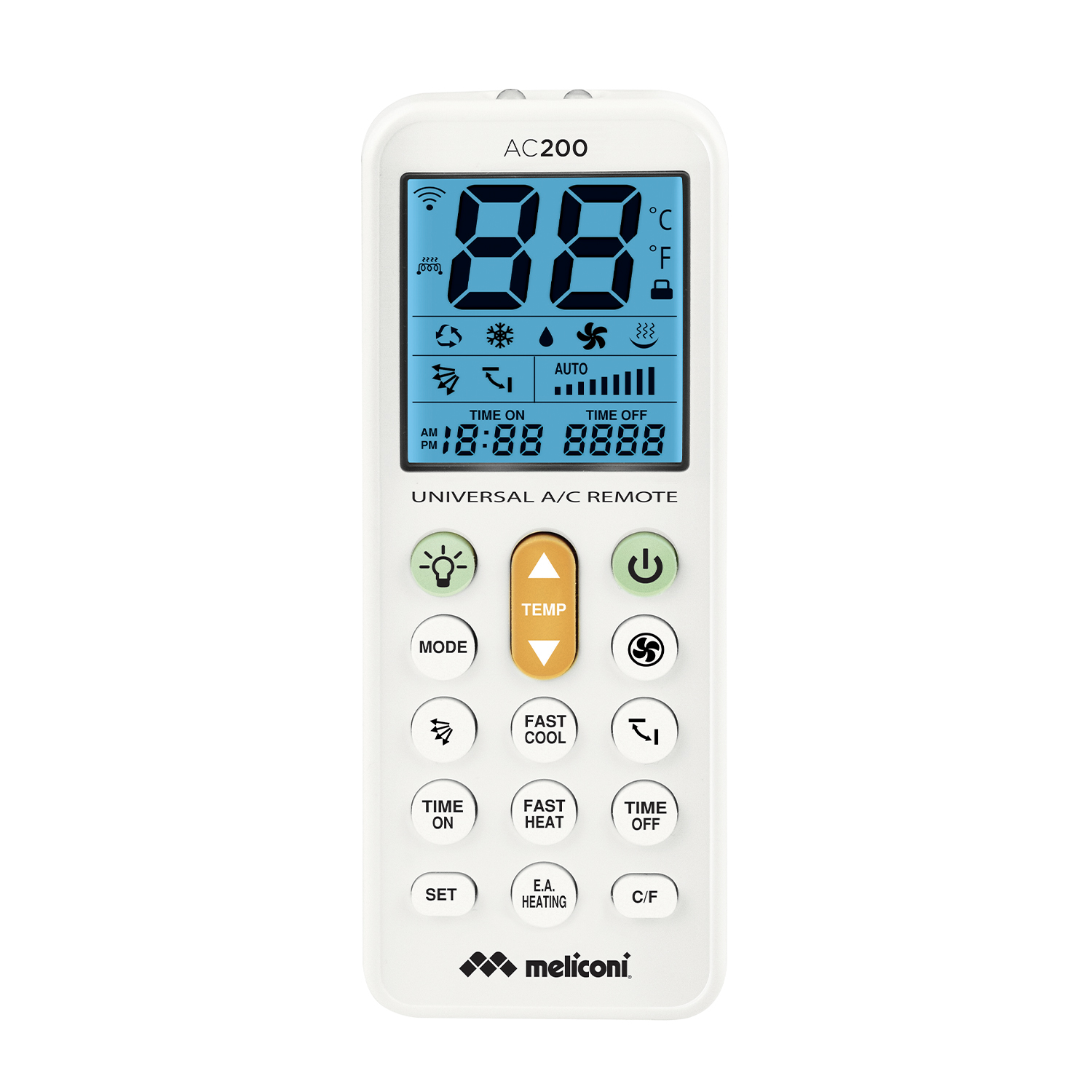 Telecomando A/C universale bianco. Il display digitale mostra temperatura e ora. I pulsanti includono modalità, raffreddamento rapido, ora di accensione e spegnimento.