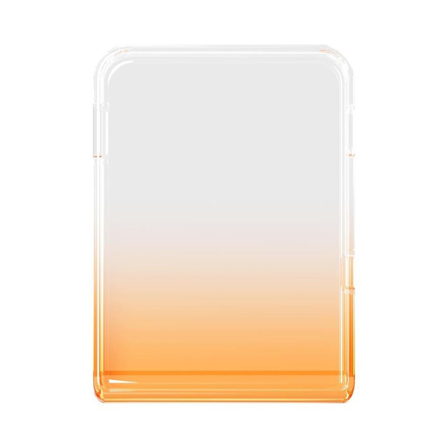 Eine transparente Handyhülle mit einem orangefarbenen Farbverlauf. Die Oberseite ist weiß, die Unterseite orange. Abgerundete Ecken.
