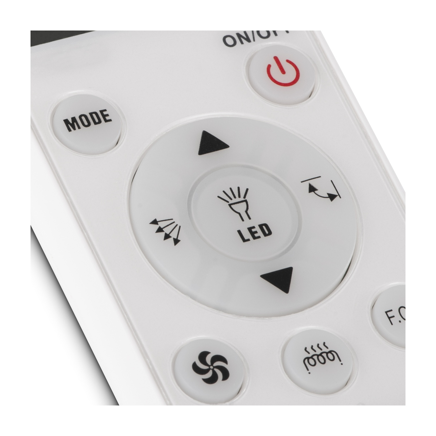 Primo piano di un telecomando bianco. Pulsanti: accensione, modalità, LED, ventola e simboli di calore. Frecce direzionali visibili.