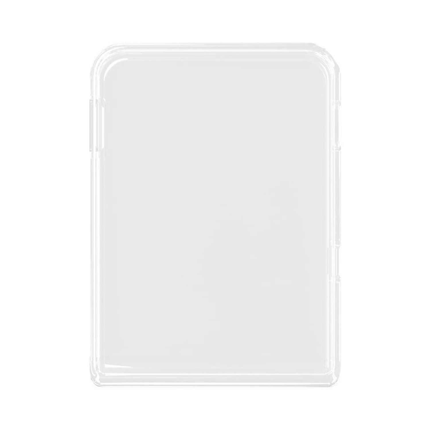 Eine klare, rechteckige Hülle mit abgerundeten Ecken, wahrscheinlich für ein Tablet. Die Hülle ist transparent und scheint aus Kunststoff zu sein.