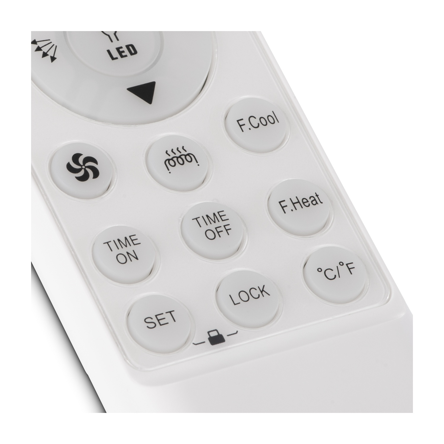 Primo piano di un telecomando bianco. I pulsanti includono LED, ventola, calore, freddo, ora on/off, blocco e impostazioni temperatura.