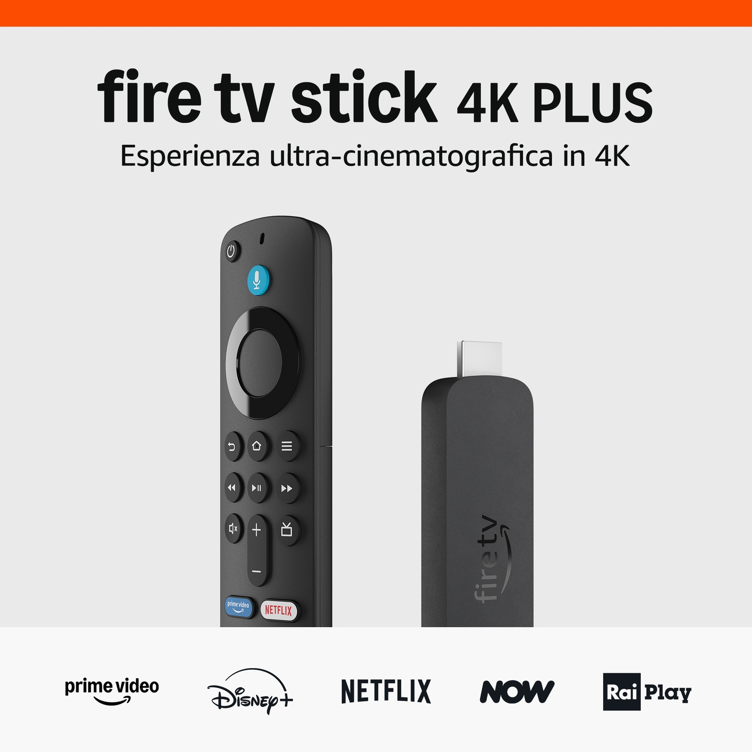 Un Fire TV Stick 4K Plus con telecomando e dispositivo di streaming. Le app come Netflix e Prime Video sono mostrate in basso.