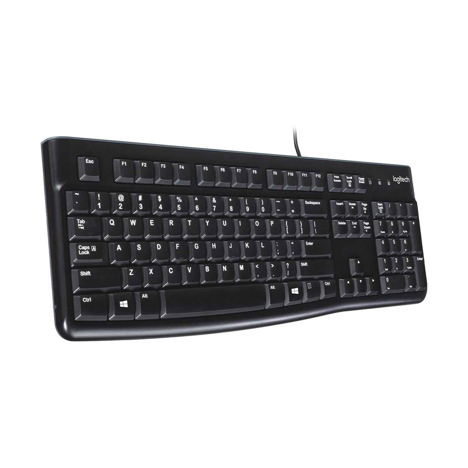 Eine schwarze Logitech-Tastatur auf weißem Hintergrund. Tasten sind mit Buchstaben, Zahlen und Symbolen beschriftet.