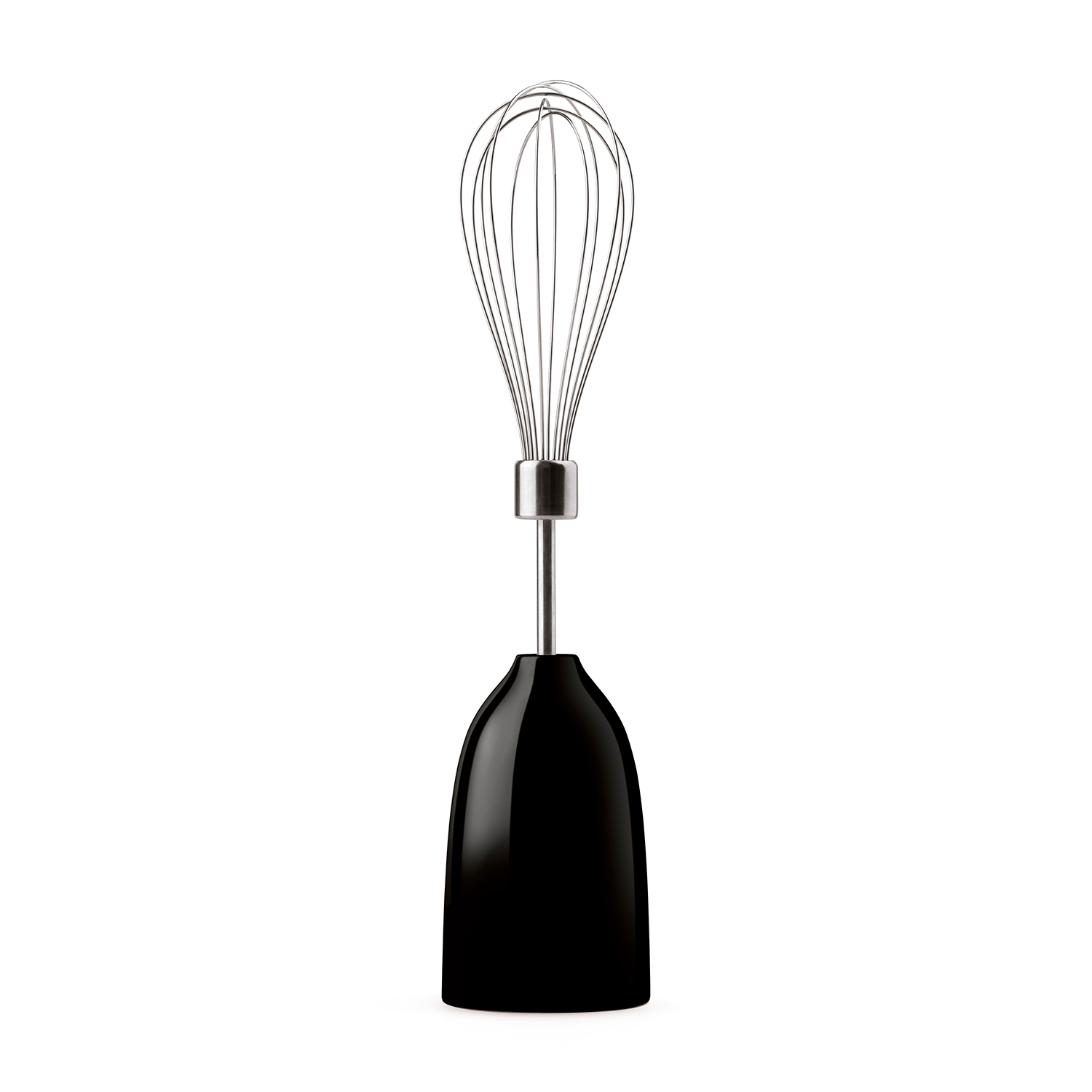 Ein schwarzer Handmixer mit Schneebesenaufsatz. Der Schneebesen besteht aus silbernen Drähten, die Basis ist schwarz und glänzend.