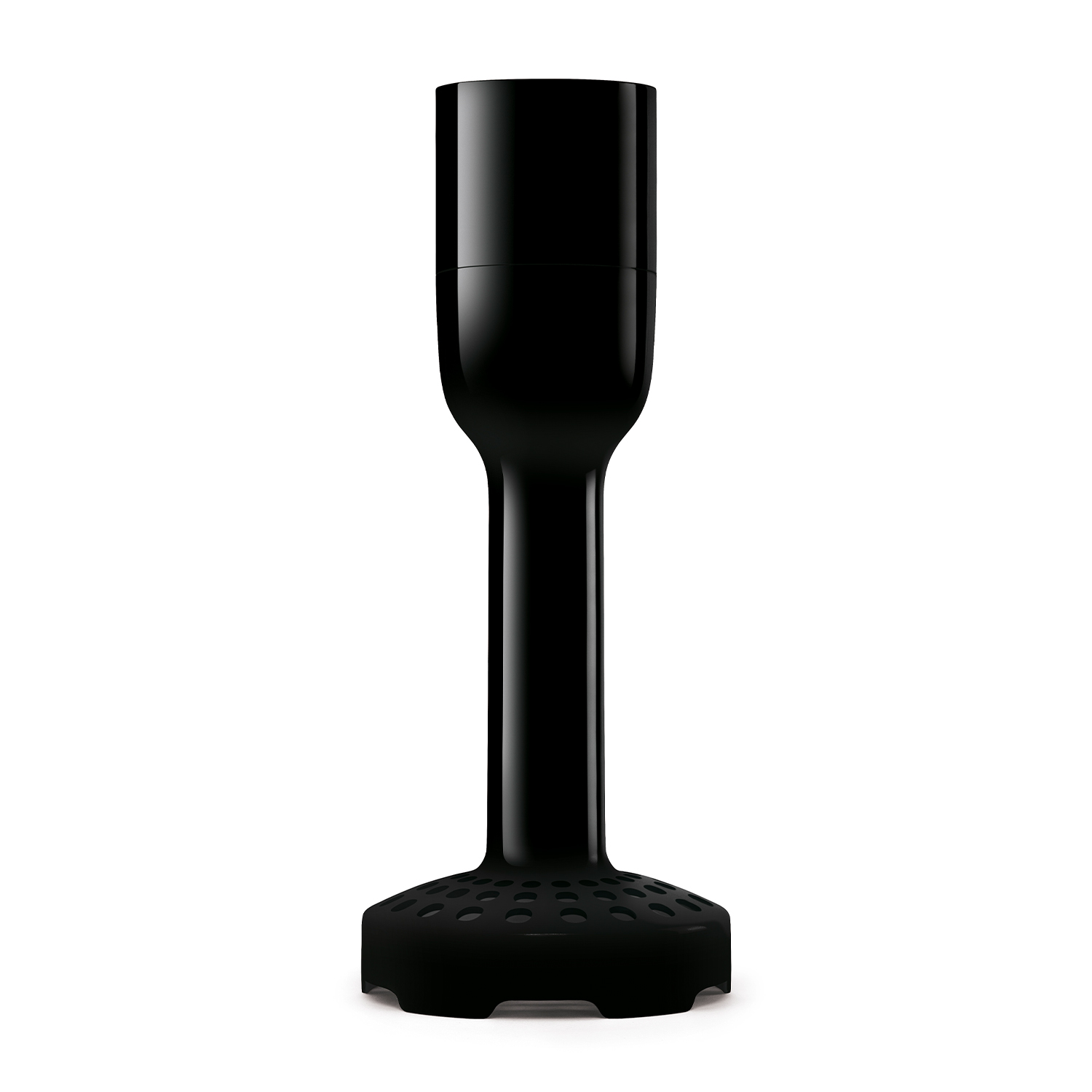 Ein schwarzer Stabmixer steht aufrecht vor einem weißen Hintergrund. Er hat eine abgerundete Basis, einen langen, schlanken Schaft und eine breitere Oberseite.
