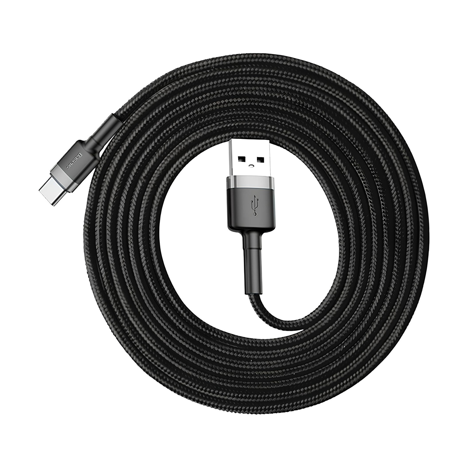 Un cavo USB nero arrotolato con connettori USB-C e USB-A. Il cavo è su sfondo bianco. Il marchio è visibile.