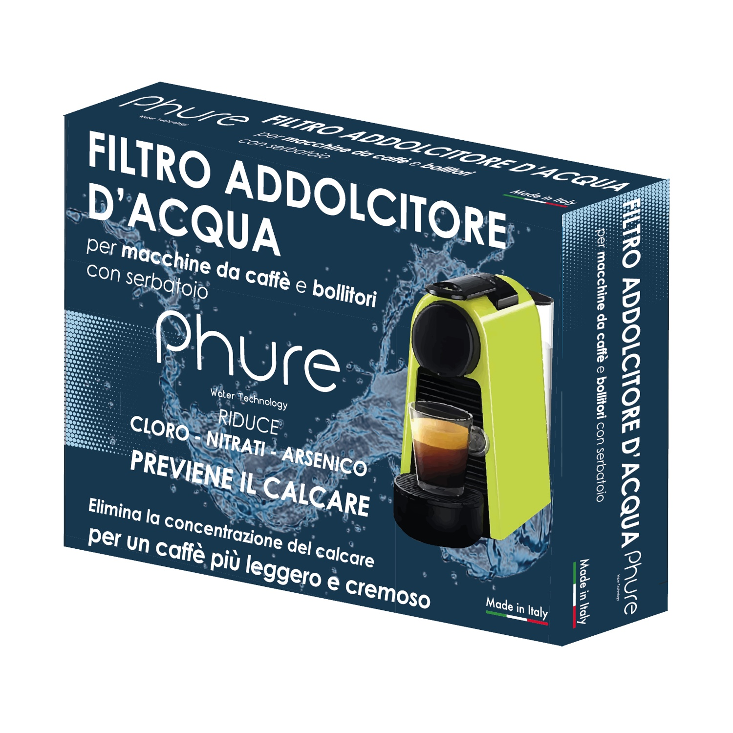 Box showing a coffee machine and text in Italian: water filter, reduces chlorine, nitrates, arsenic, prevents limescale.