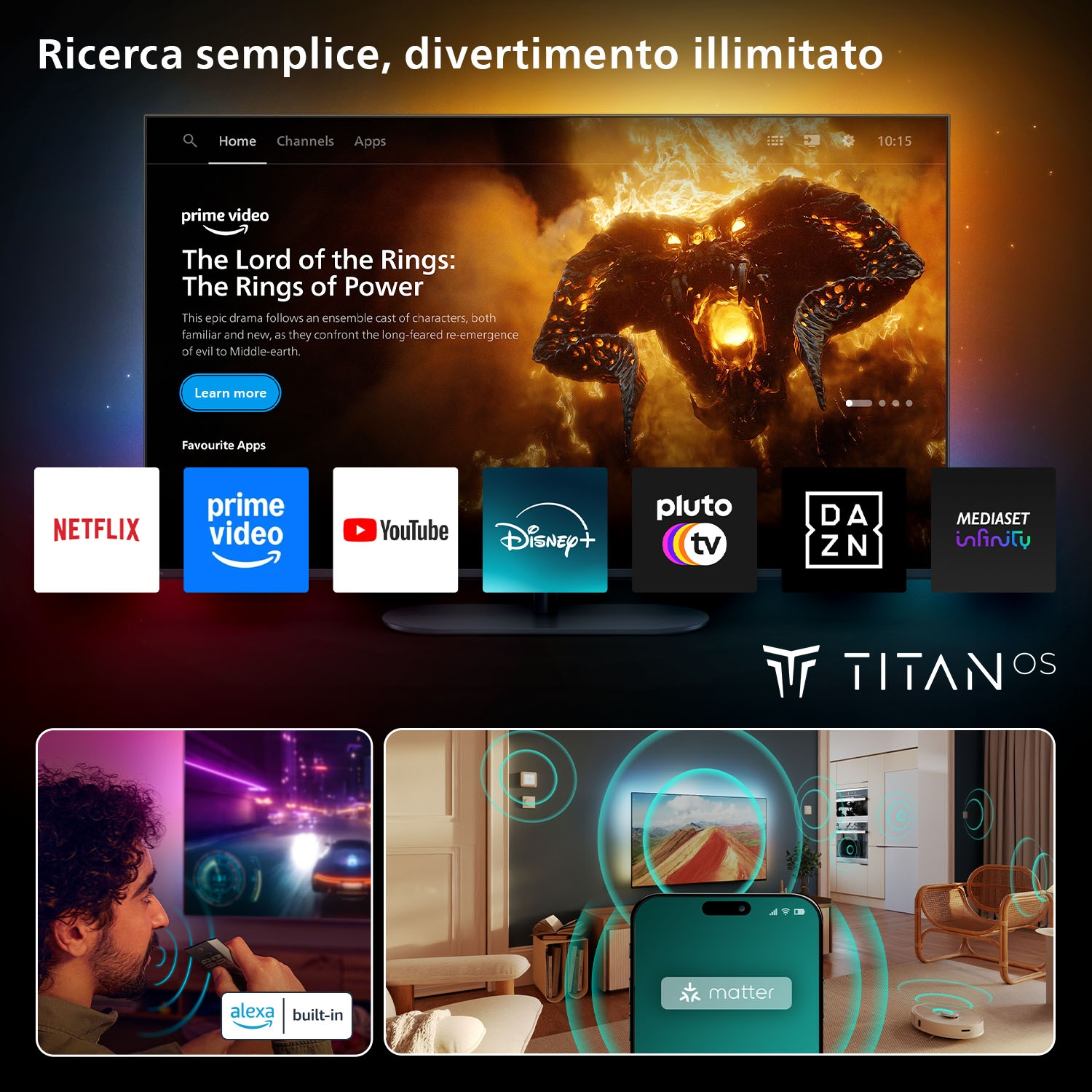 Ekran TV z Prime Video i aplikacjami. Mężczyzna z pilotem. Scena inteligentnego domu z telefonem i robotem sprzątającym.