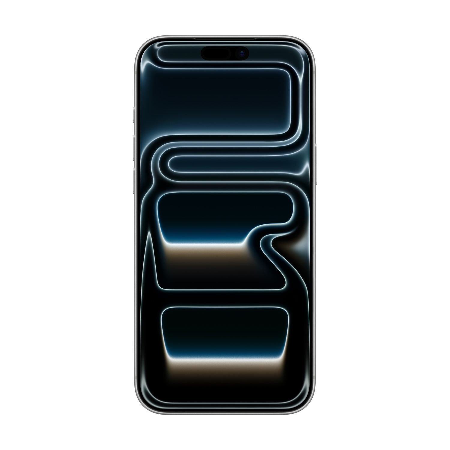 Uno smartphone con schermo scuro con linee curve e luminose. Il telefono ha una cornice argentata e una sezione superiore nera.