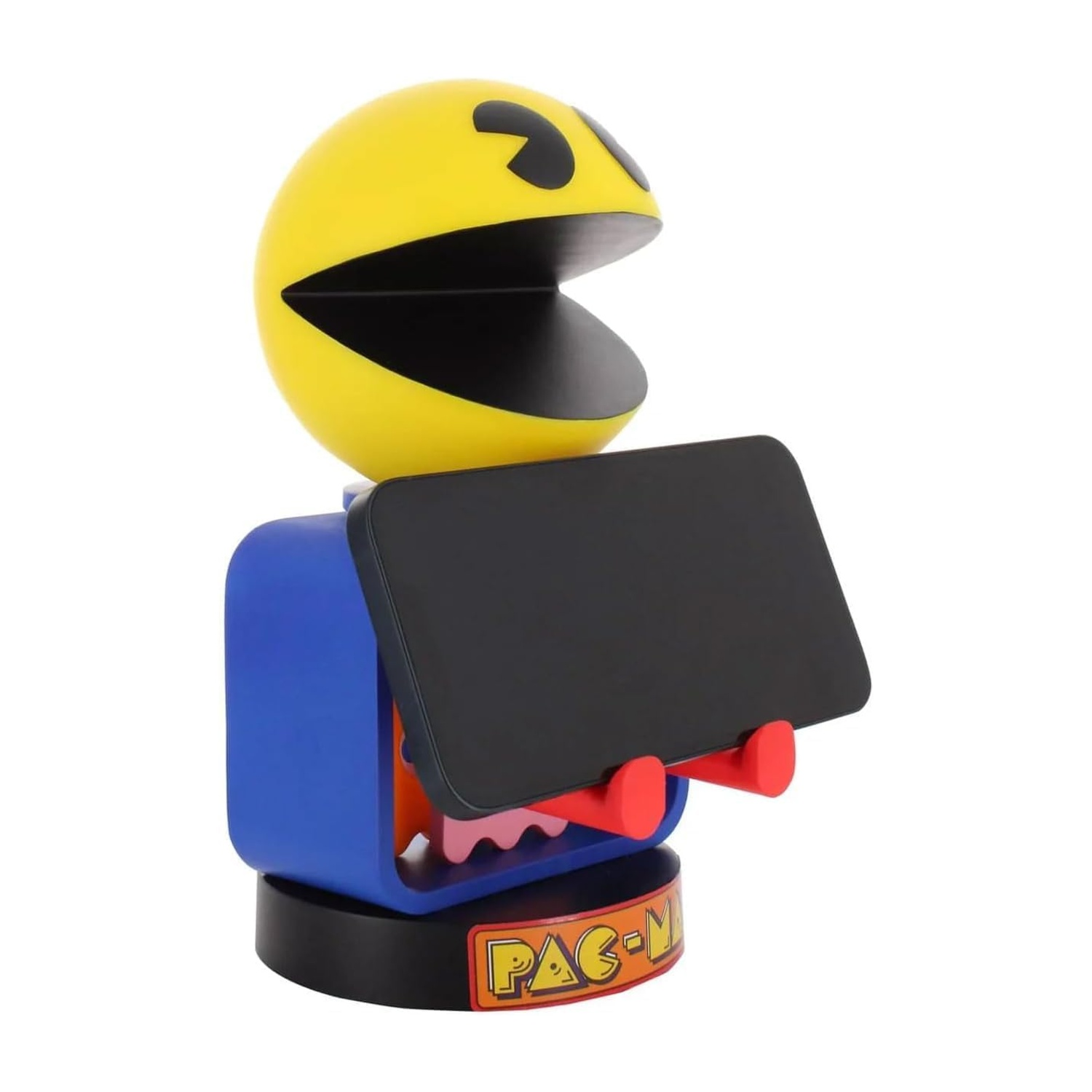 Un supporto per telefono di Pac-Man. Testa gialla di Pac-Man, base blu, supporti rossi, tiene un telefono nero. La base ha un logo Pac-Man.