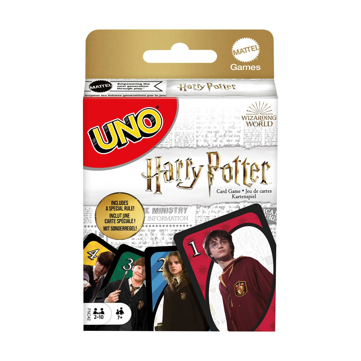 Pudełko gry karcianej UNO Harry Potter. Przedstawia Harry'ego, Rona i Hermionę. Zawiera kartę ze specjalną zasadą. Widoczne logo Mattel i Wizarding World.