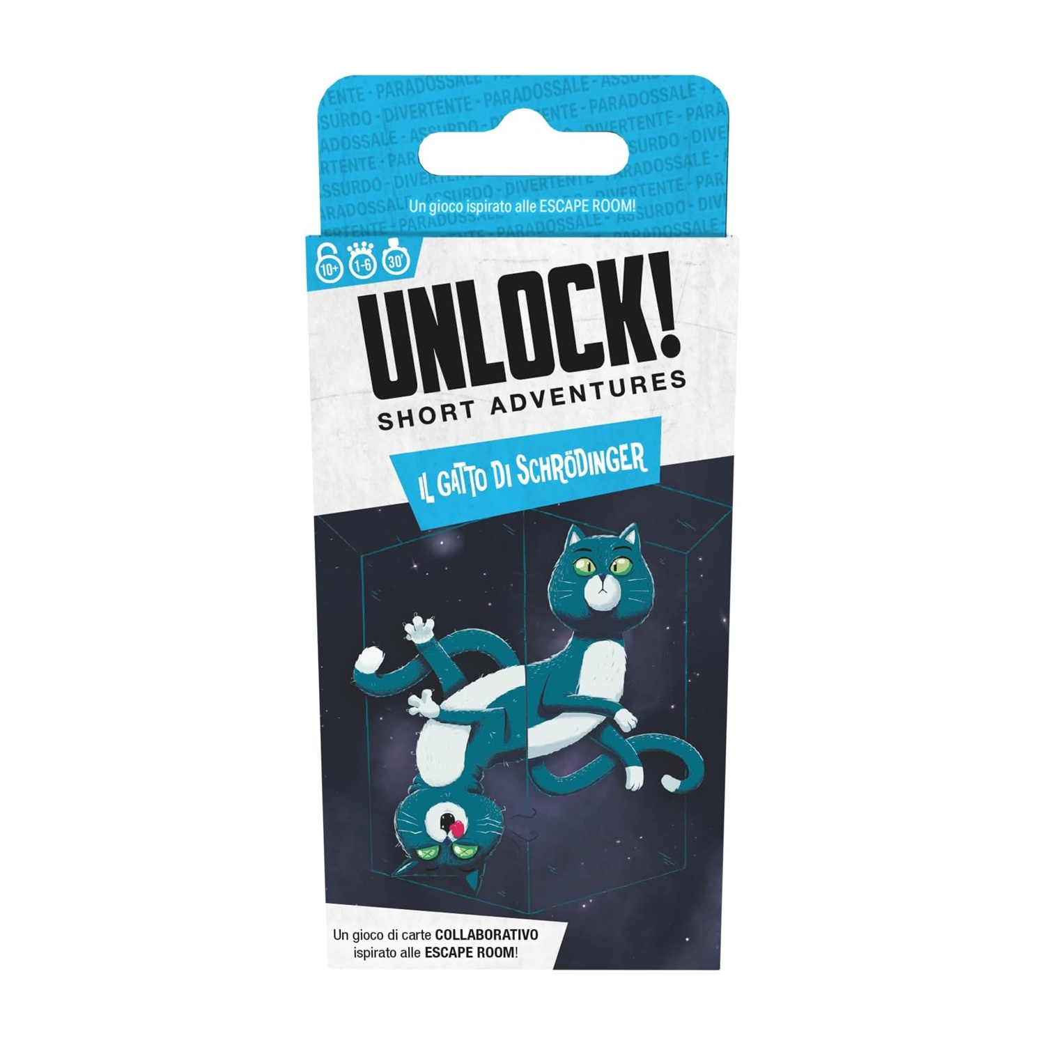 Scatola del gioco di carte. Gatto blu dentro una scatola di vetro. Titolo: Unlock! Short Adventures. Sottotitolo: Il Gatto di Schrödinger. È un gioco di carte collaborativo.