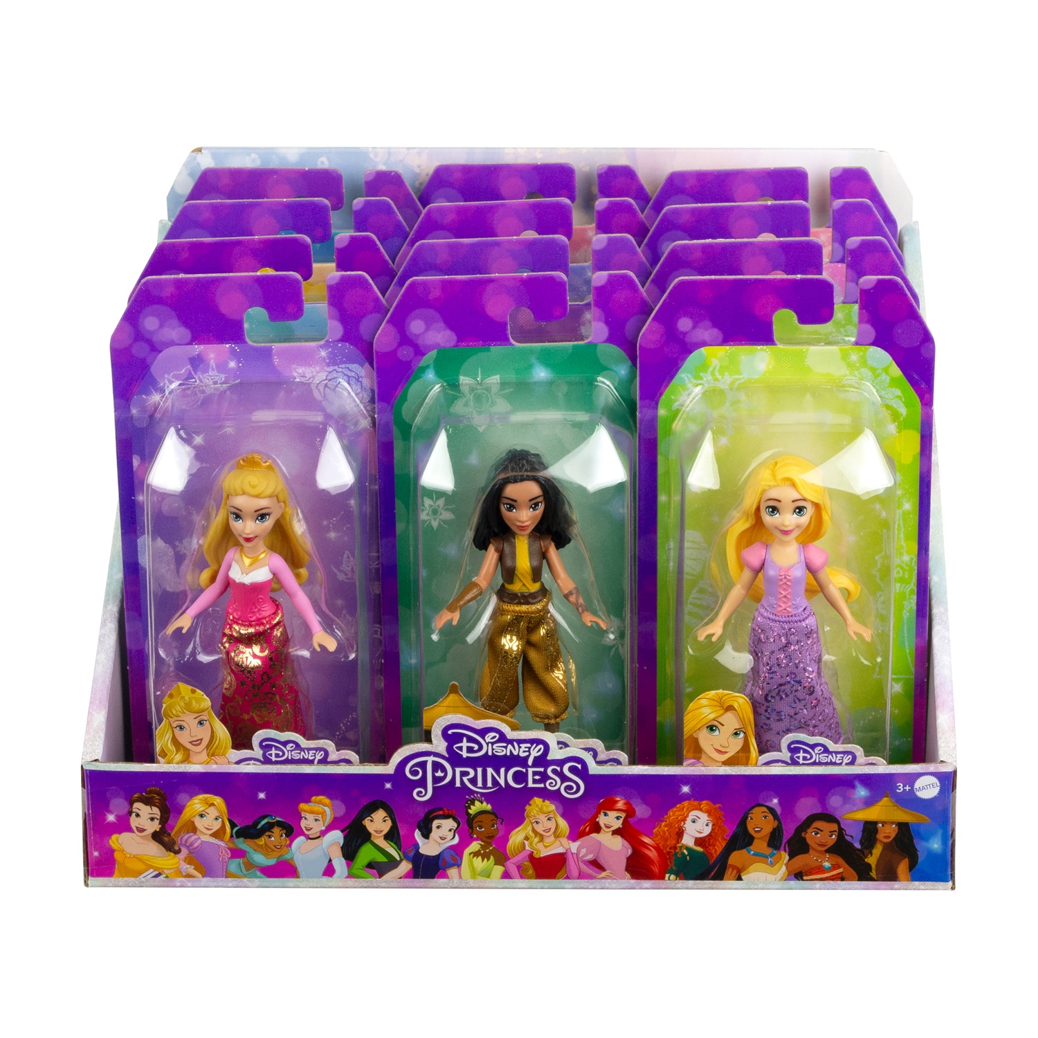 Pudełko wystawowe z lalkami Disney Princess. Widoczne są trzy lalki: Aurora, Moana i Roszpunka. Pudełko ma markę Disney Princess.