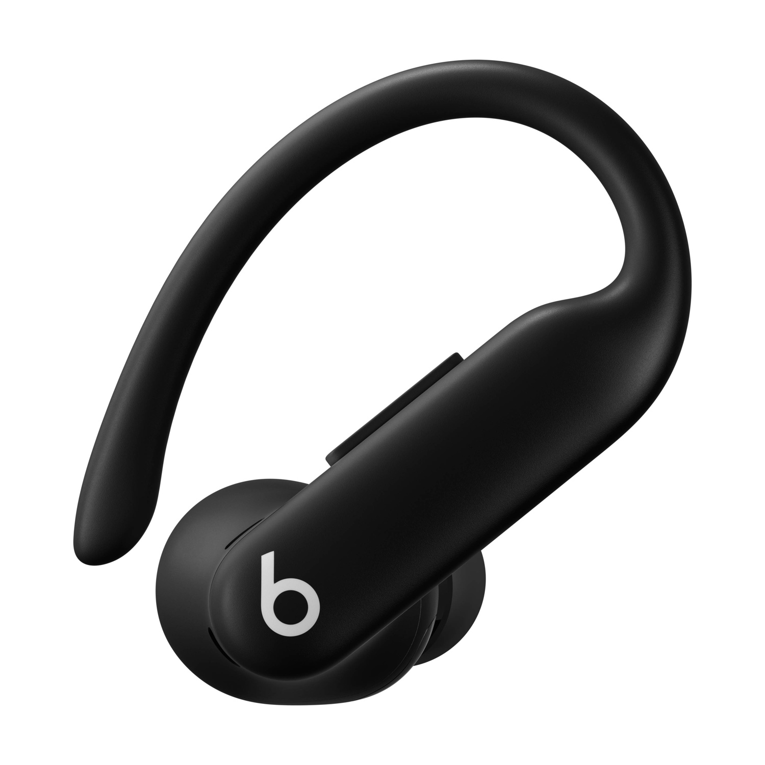 Czarny douszny Beats Powerbeats Pro. Ma zakrzywiony haczyk na ucho, okrągłą końcówkę i białe logo 'b'.