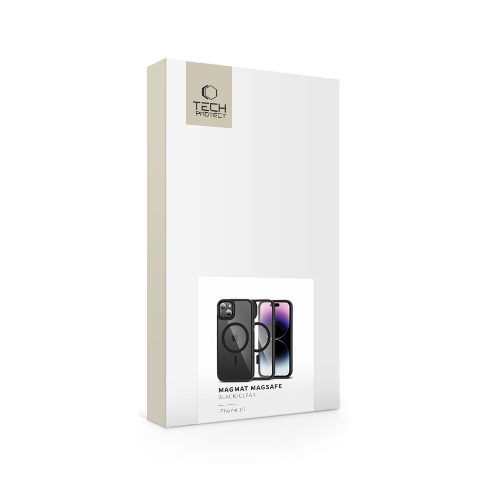 Eine weiße Schachtel mit einer Handyhüllenillustration. Die H ülle ist schwarz und transparent, für iPhone 15. Die Marke ist Tech Protect.