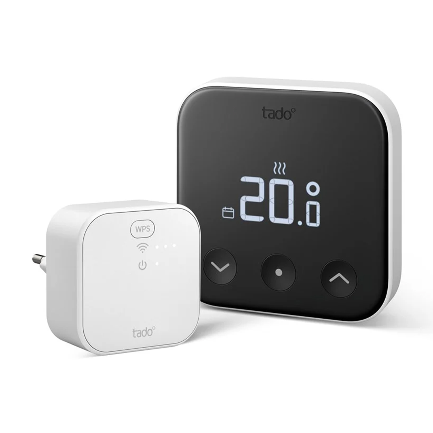 A white thermostat and a white hub are displayed. The thermostat shows 20.0 degrees. The hub has a WPS button and a power plug.