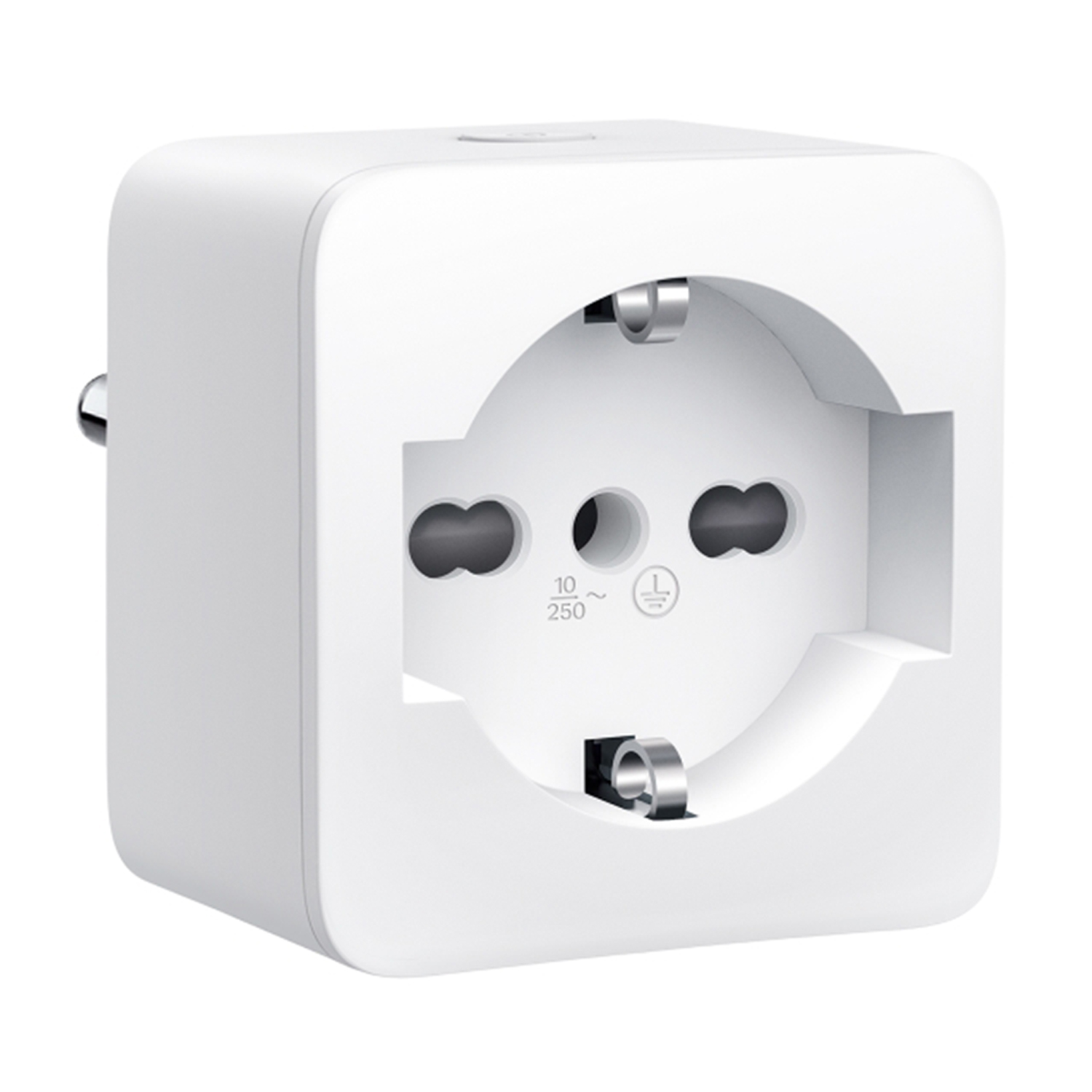 Ein weißer, würfelförmiger Netzadapter mit runder Steckdose. Er hat zwei Löcher und Metallanschlüsse. An der Seite befindet sich ein Stecker.