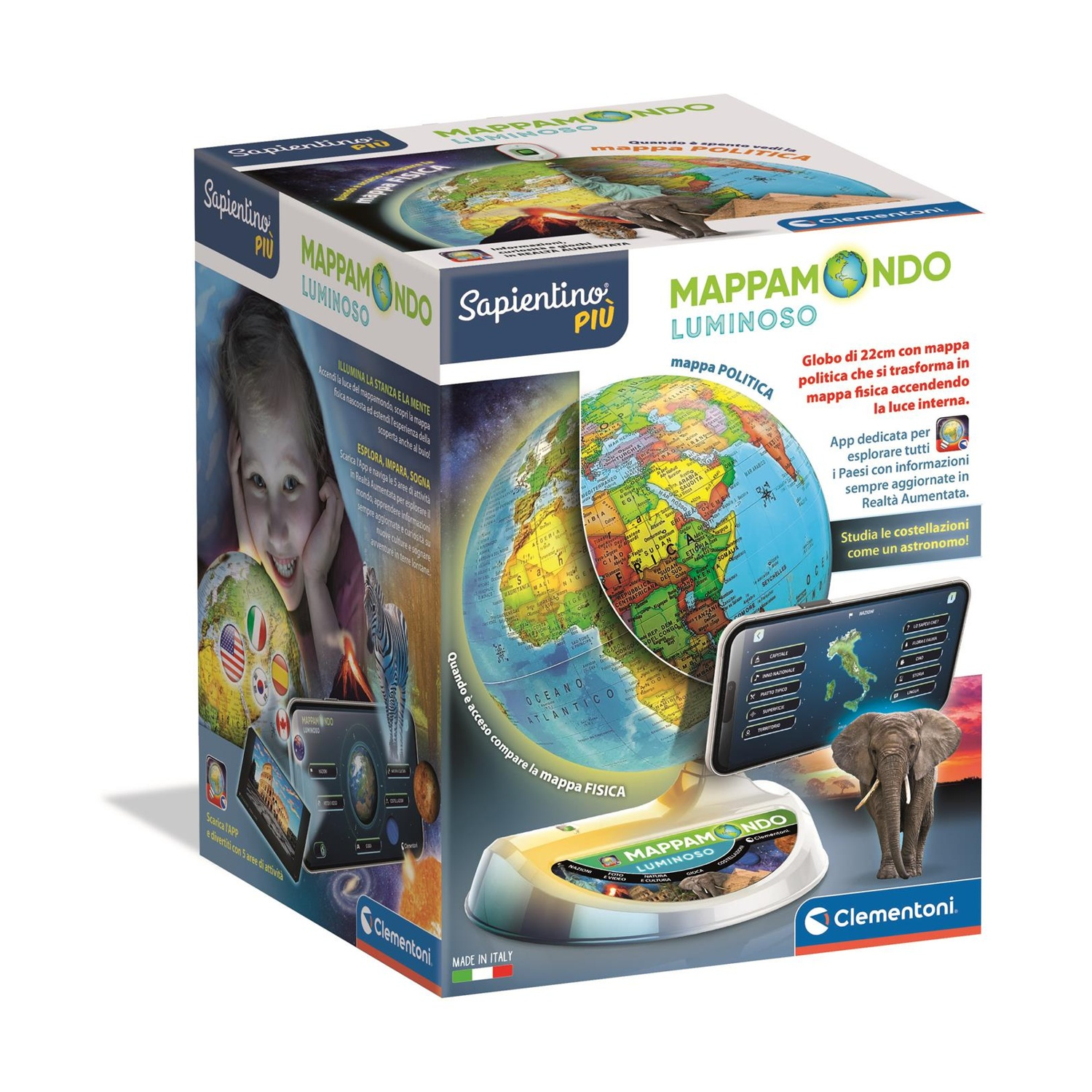 Zapakowany globus ze świecącą mapą. Dziecko patrzy na globus na pudełku. Po prawej stronie jest słoń.