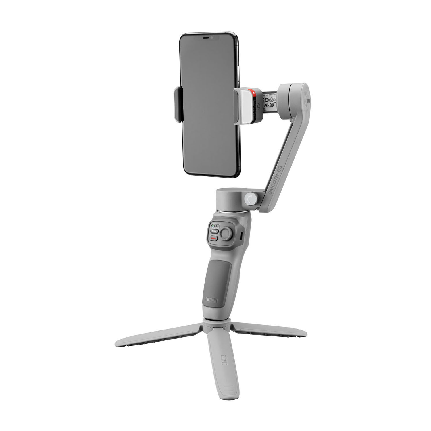 Ein grauer Smartphone-Gimbal mit befestigtem Telefon. Es hat eine Stativbasis. Der Hintergrund ist weiß.